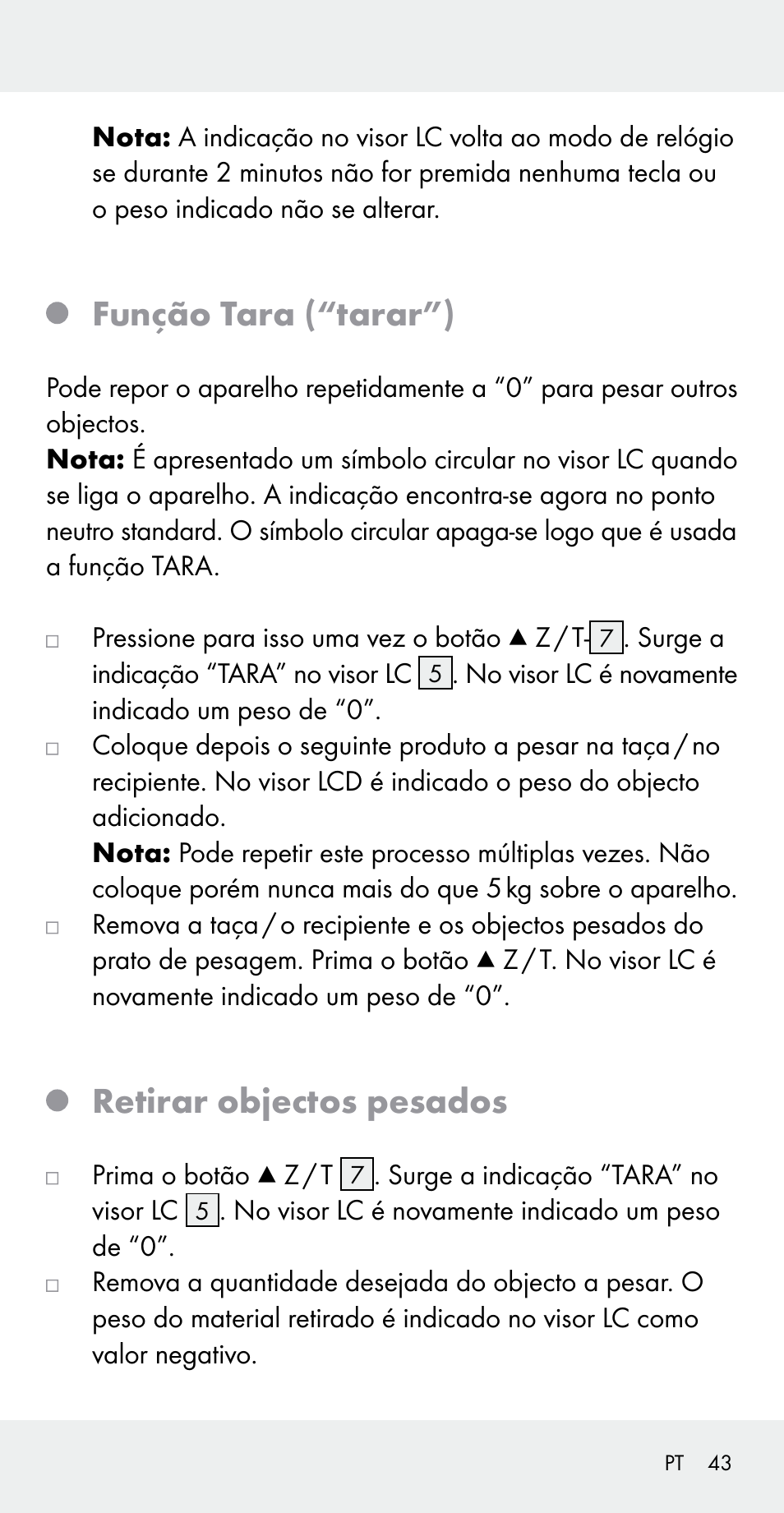 Função tara (“tarar”), Retirar objectos pesados | Silvercrest Z31183 User Manual | Page 43 / 78