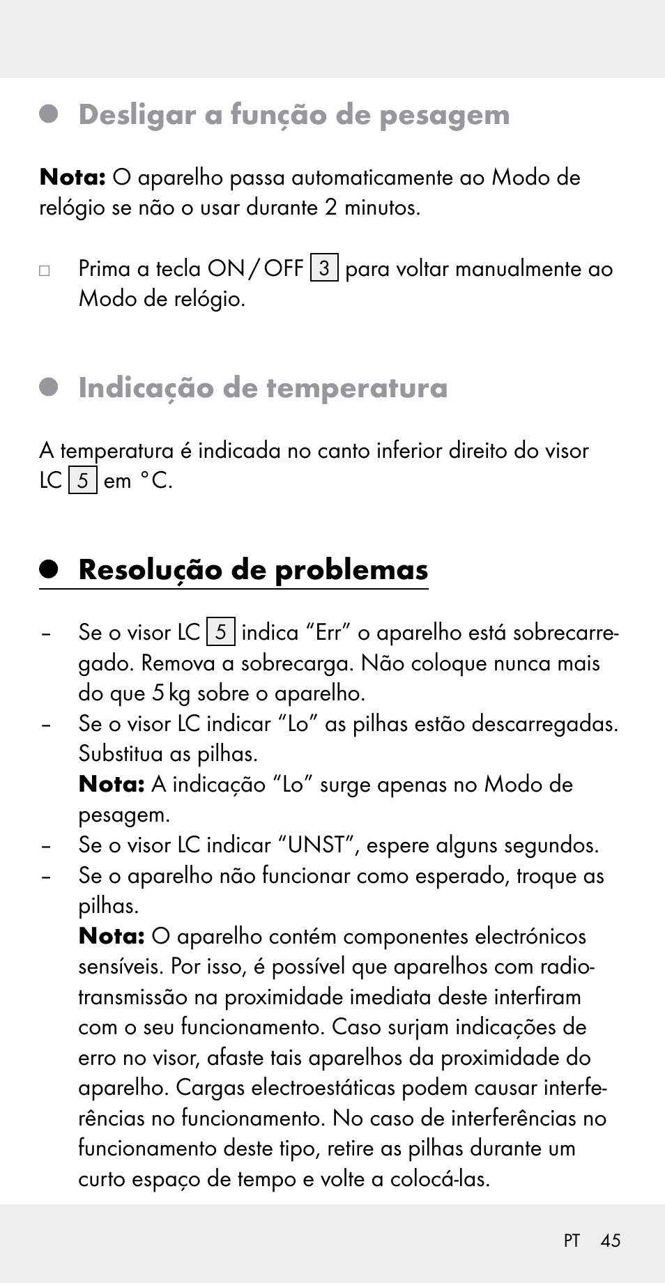 Desligar a função de pesagem, Indicação de temperatura, Resolução de problemas | Silvercrest Z31183 User Manual | Page 45 / 78