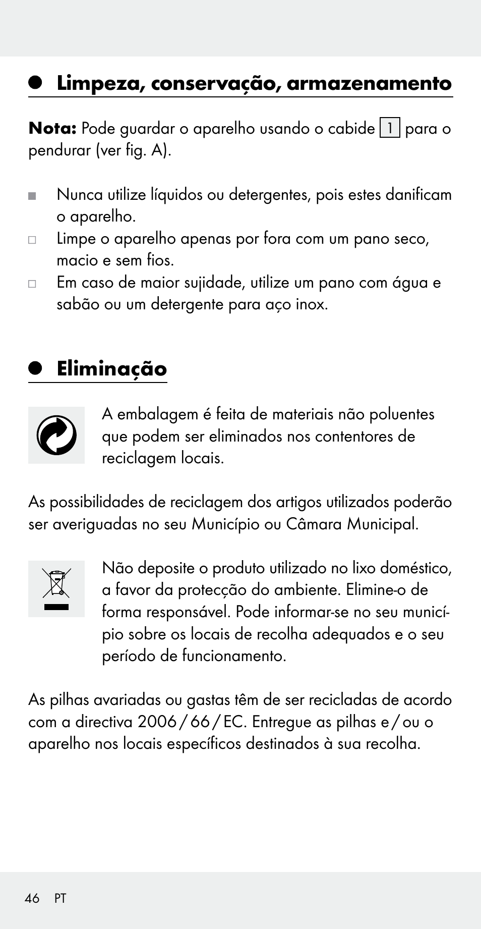 Limpeza, conservação, armazenamento, Eliminação | Silvercrest Z31183 User Manual | Page 46 / 78