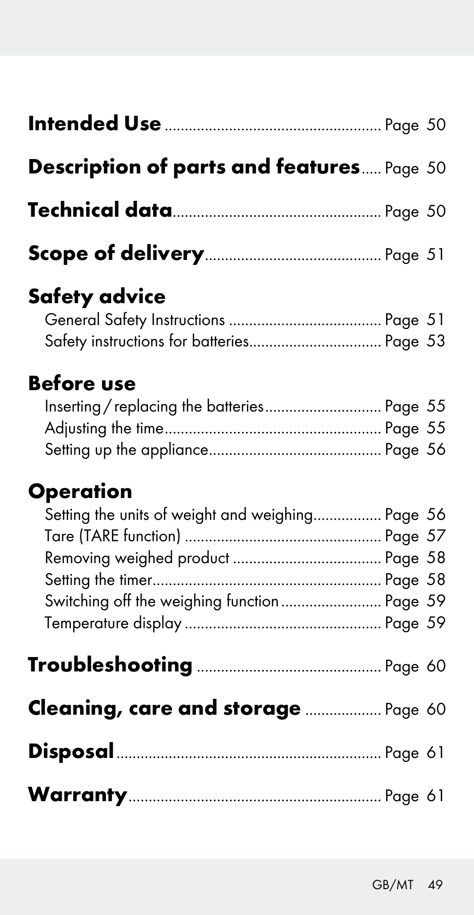Intended use, Description of parts and features, Technical data | Scope of delivery, Safety advice, Before use, Operation, Troubleshooting, Cleaning, care and storage, Disposal | Silvercrest Z31183 User Manual | Page 49 / 78