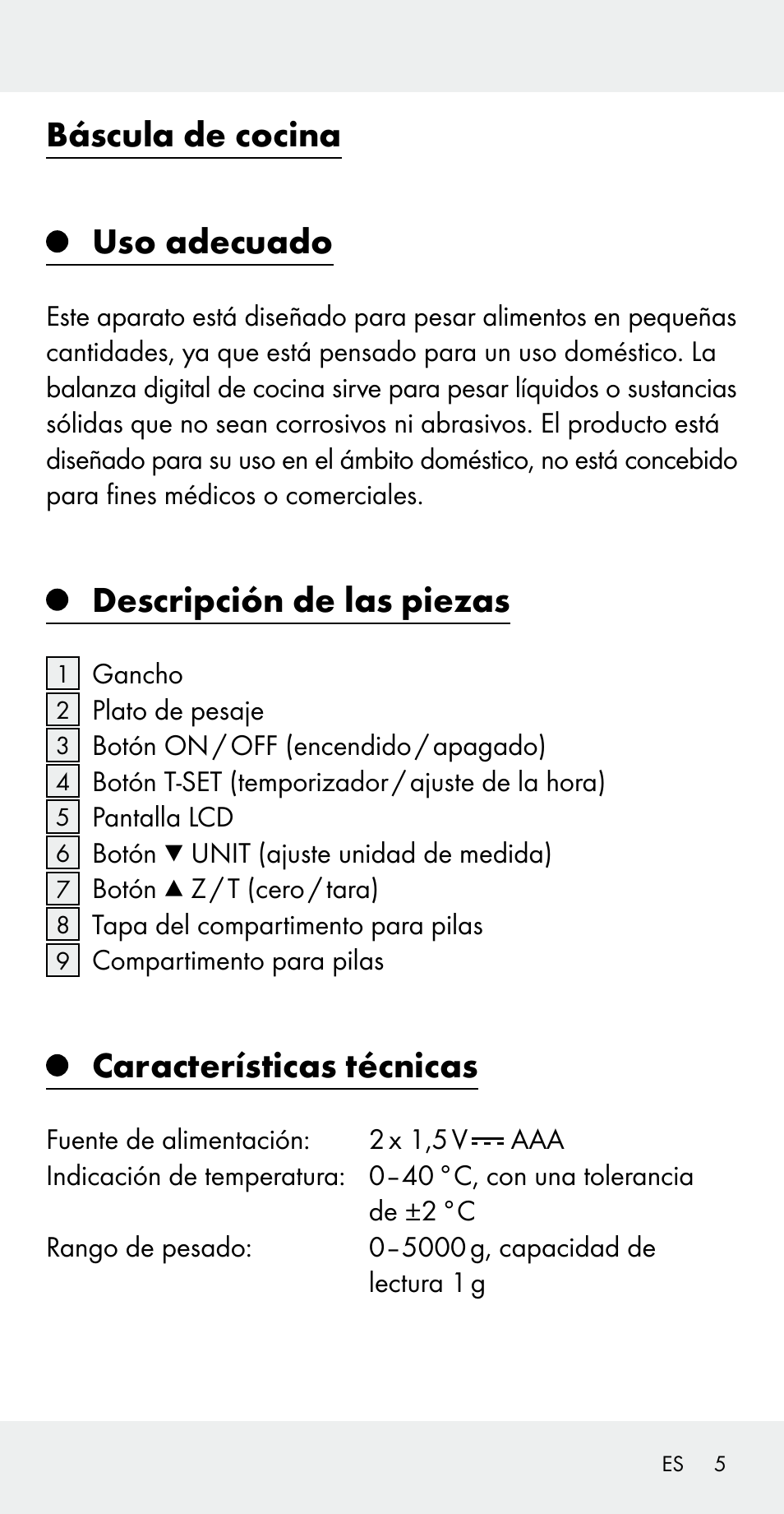 Báscula de cocina uso adecuado, Descripción de las piezas, Características técnicas | Silvercrest Z31183 User Manual | Page 5 / 78