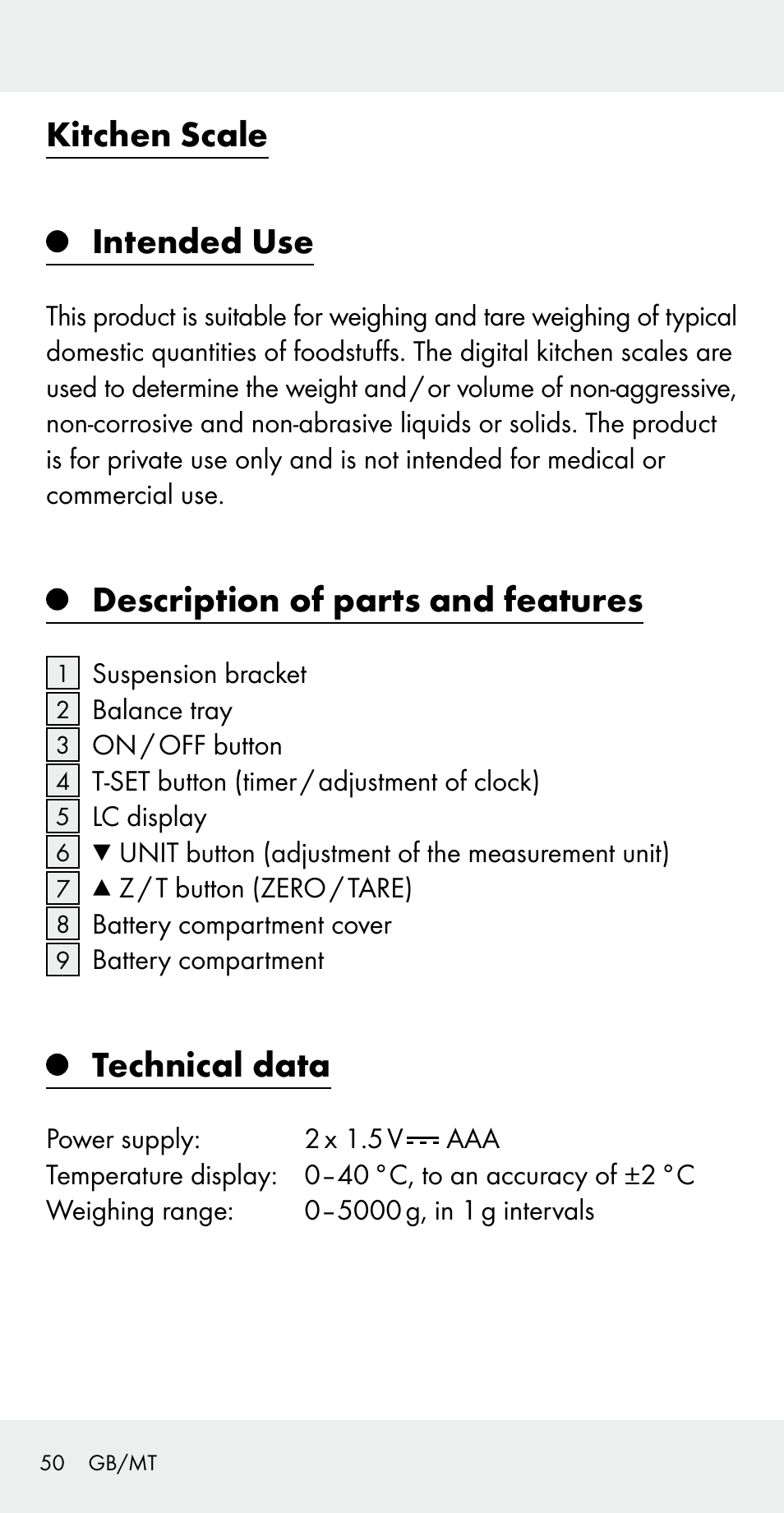 Kitchen scale intended use, Description of parts and features, Technical data | Silvercrest Z31183 User Manual | Page 50 / 78