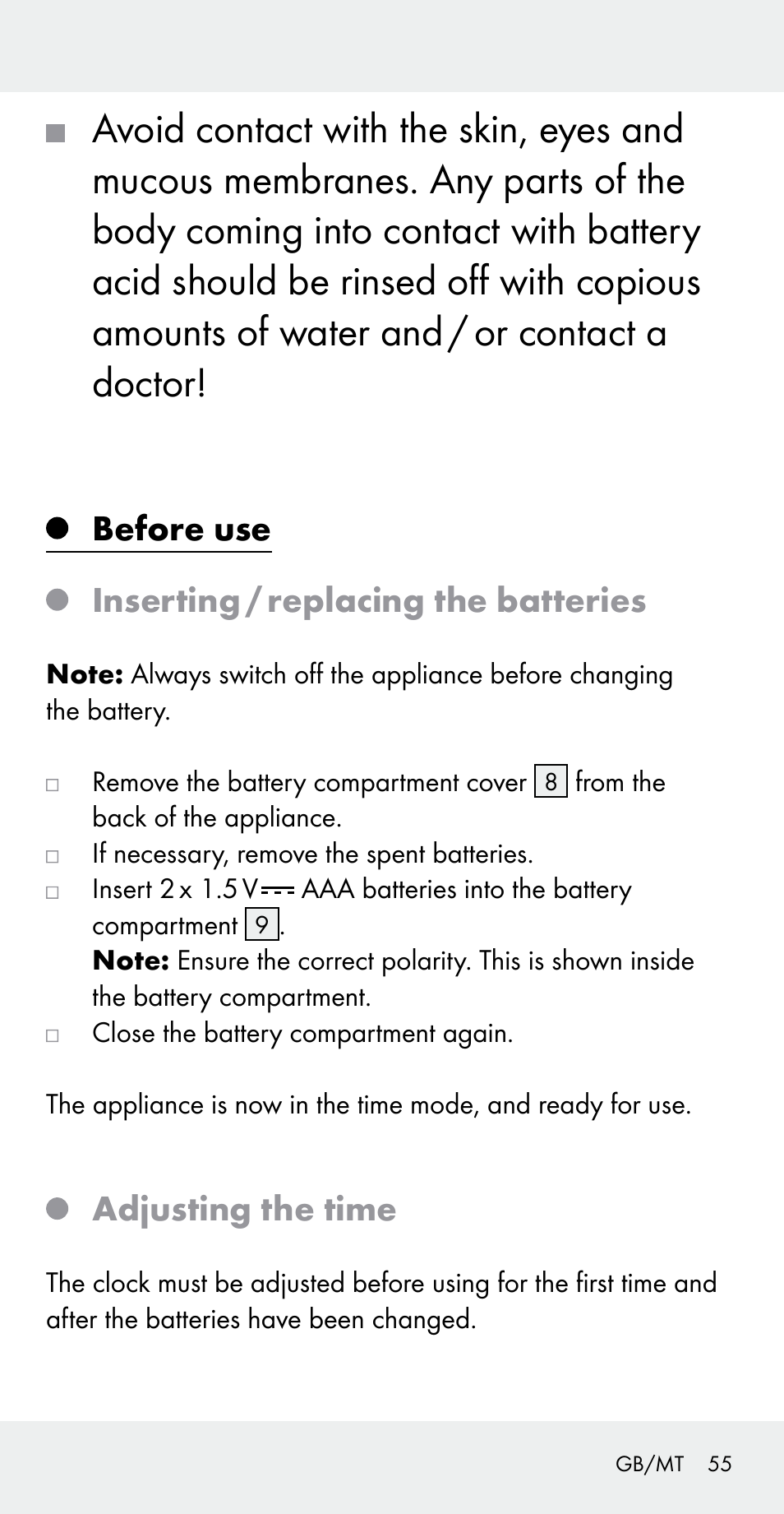 Before use inserting / replacing the batteries, Adjusting the time | Silvercrest Z31183 User Manual | Page 55 / 78