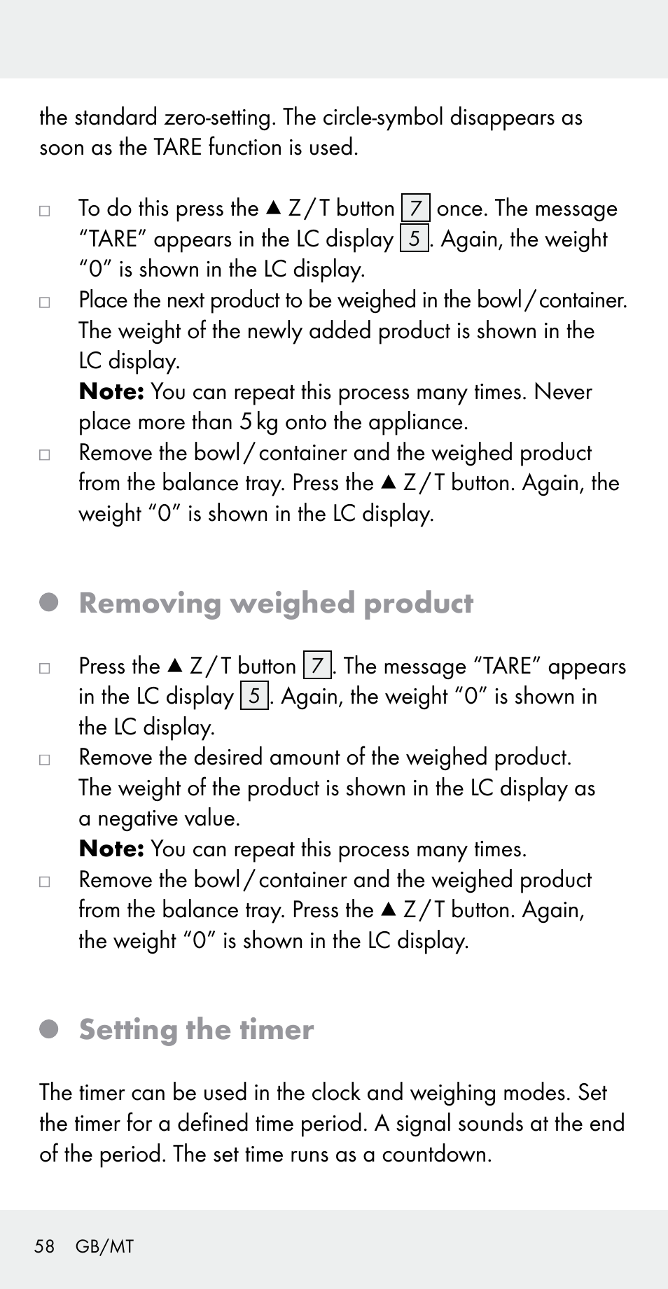 Removing weighed product, Setting the timer | Silvercrest Z31183 User Manual | Page 58 / 78