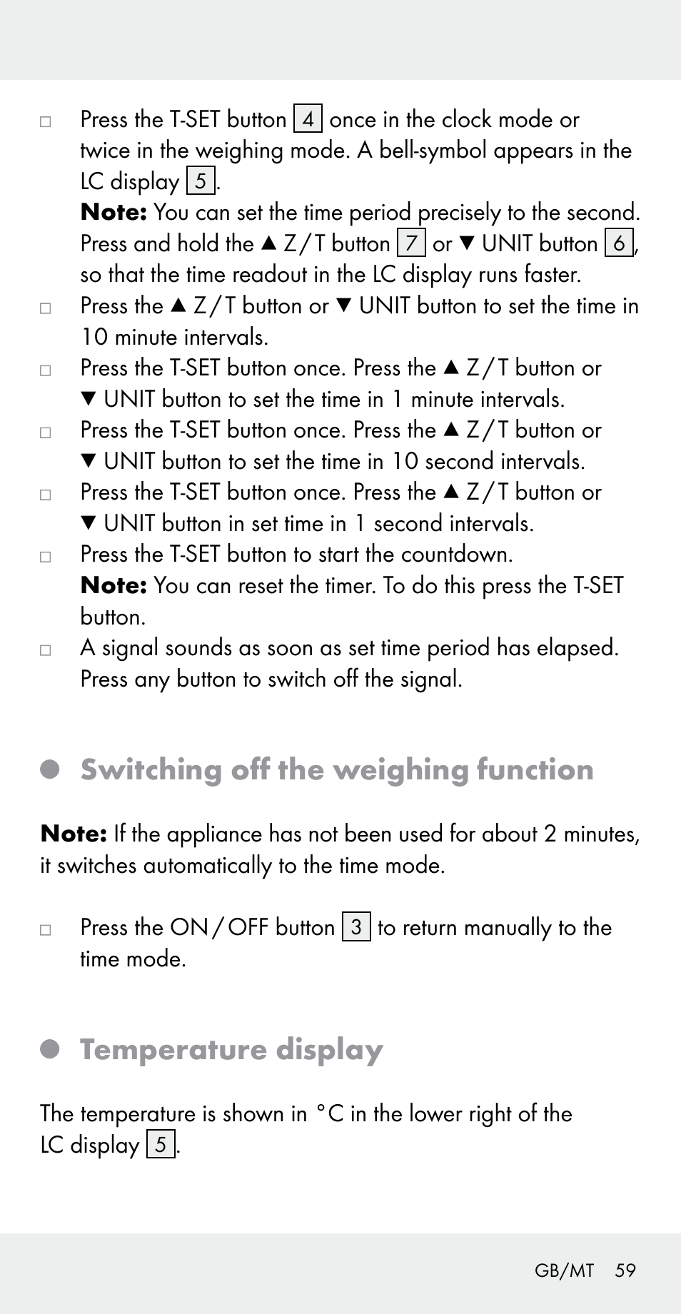 Switching off the weighing function, Temperature display | Silvercrest Z31183 User Manual | Page 59 / 78