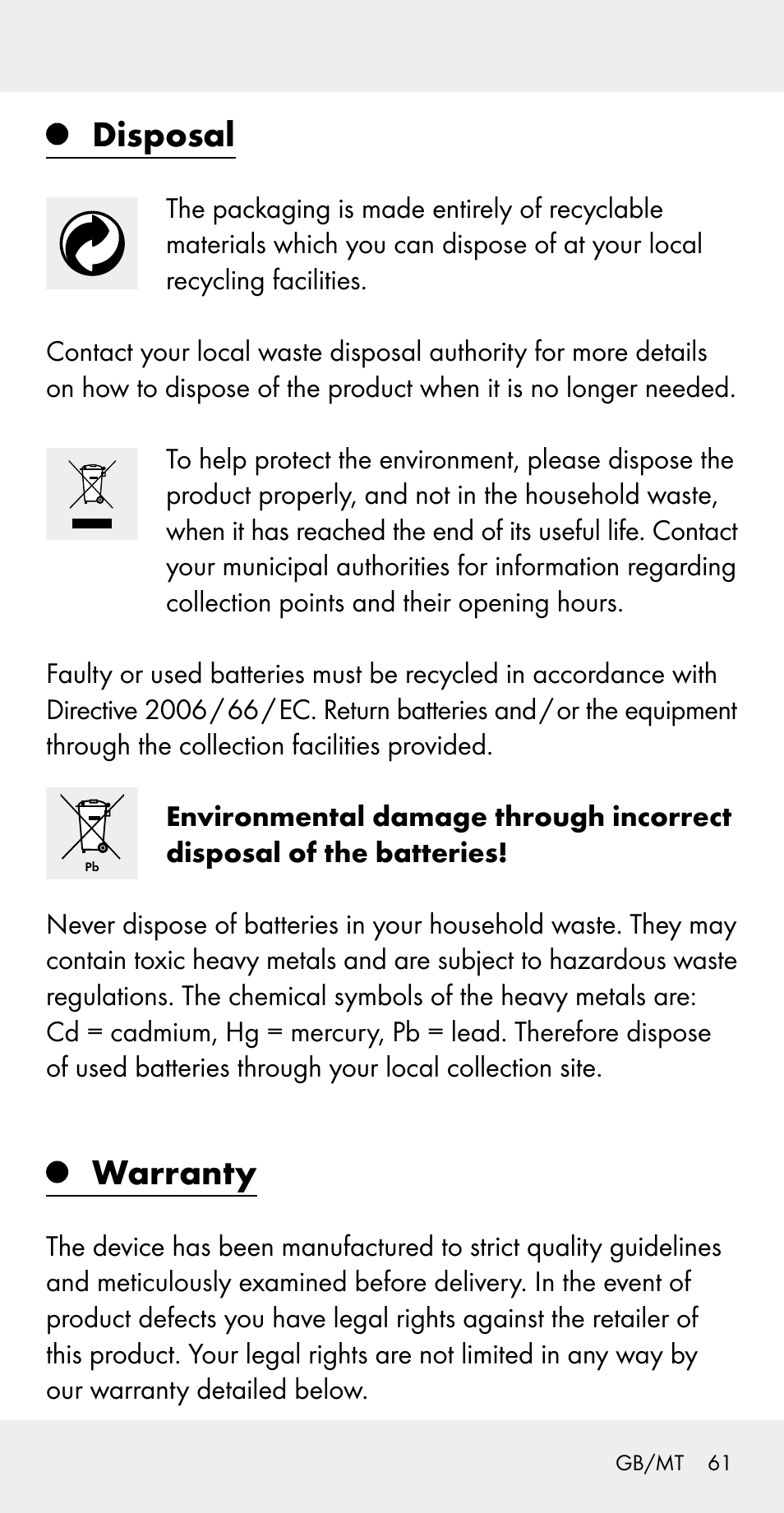 Disposal, Warranty | Silvercrest Z31183 User Manual | Page 61 / 78