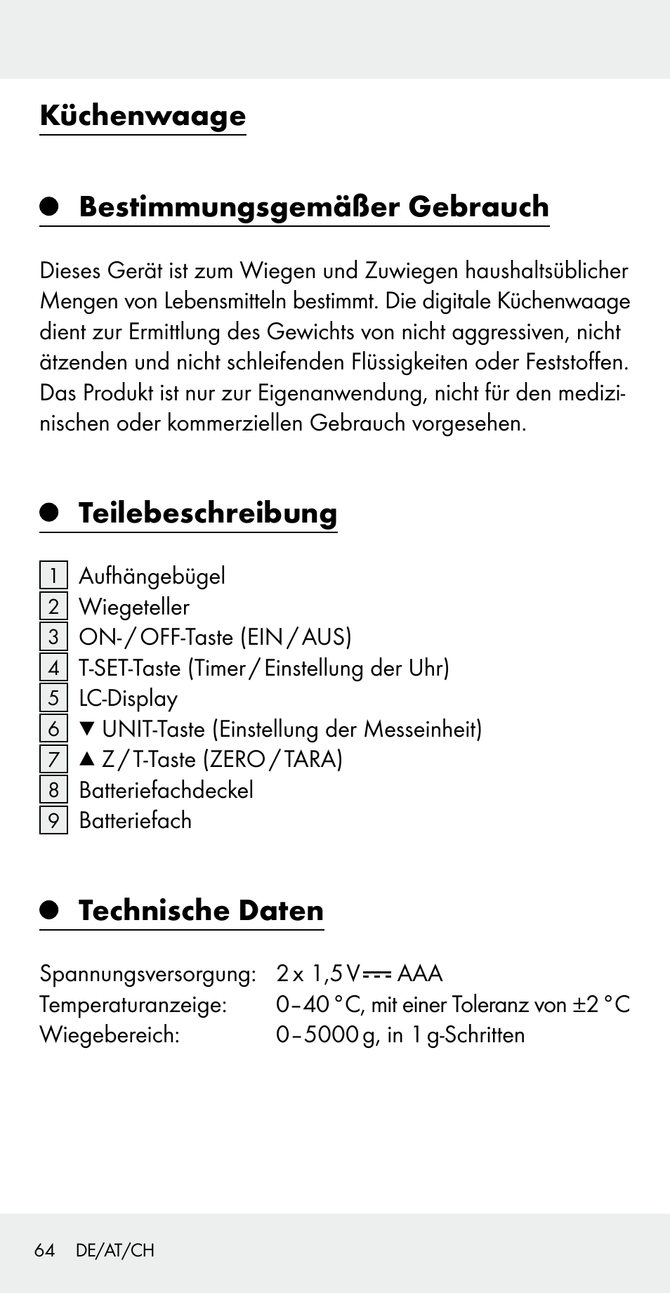 Küchenwaage bestimmungsgemäßer gebrauch, Teilebeschreibung, Technische daten | Silvercrest Z31183 User Manual | Page 64 / 78