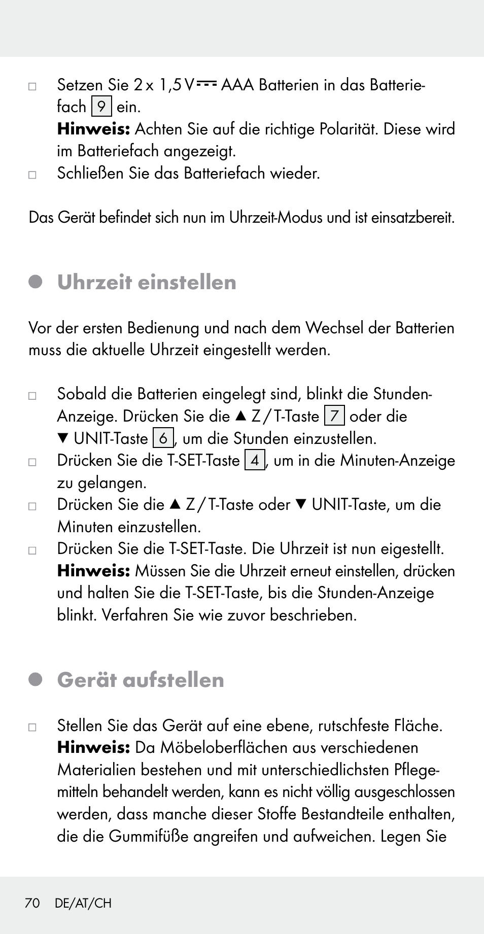 Uhrzeit einstellen, Gerät aufstellen | Silvercrest Z31183 User Manual | Page 70 / 78