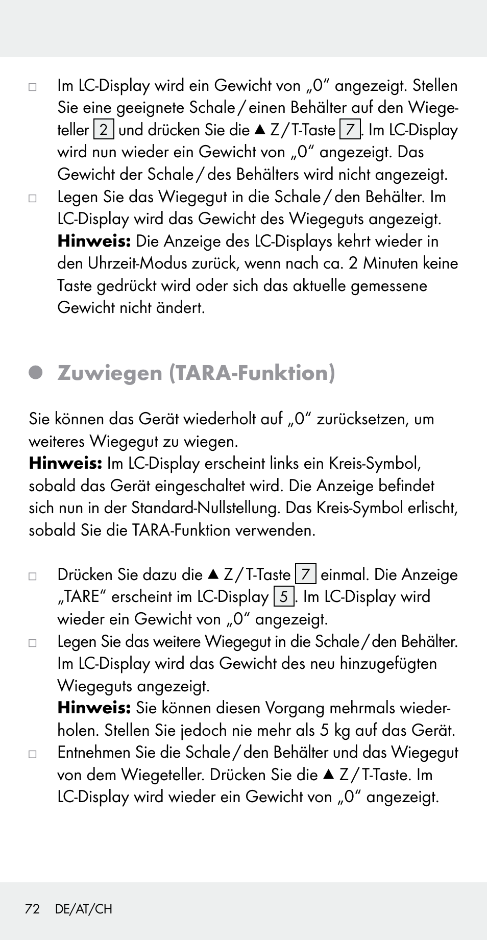 Zuwiegen (tara-funktion) | Silvercrest Z31183 User Manual | Page 72 / 78