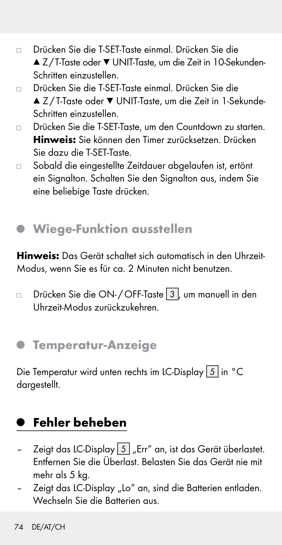 Wiege-funktion ausstellen, Temperatur-anzeige, Fehler beheben | Silvercrest Z31183 User Manual | Page 74 / 78