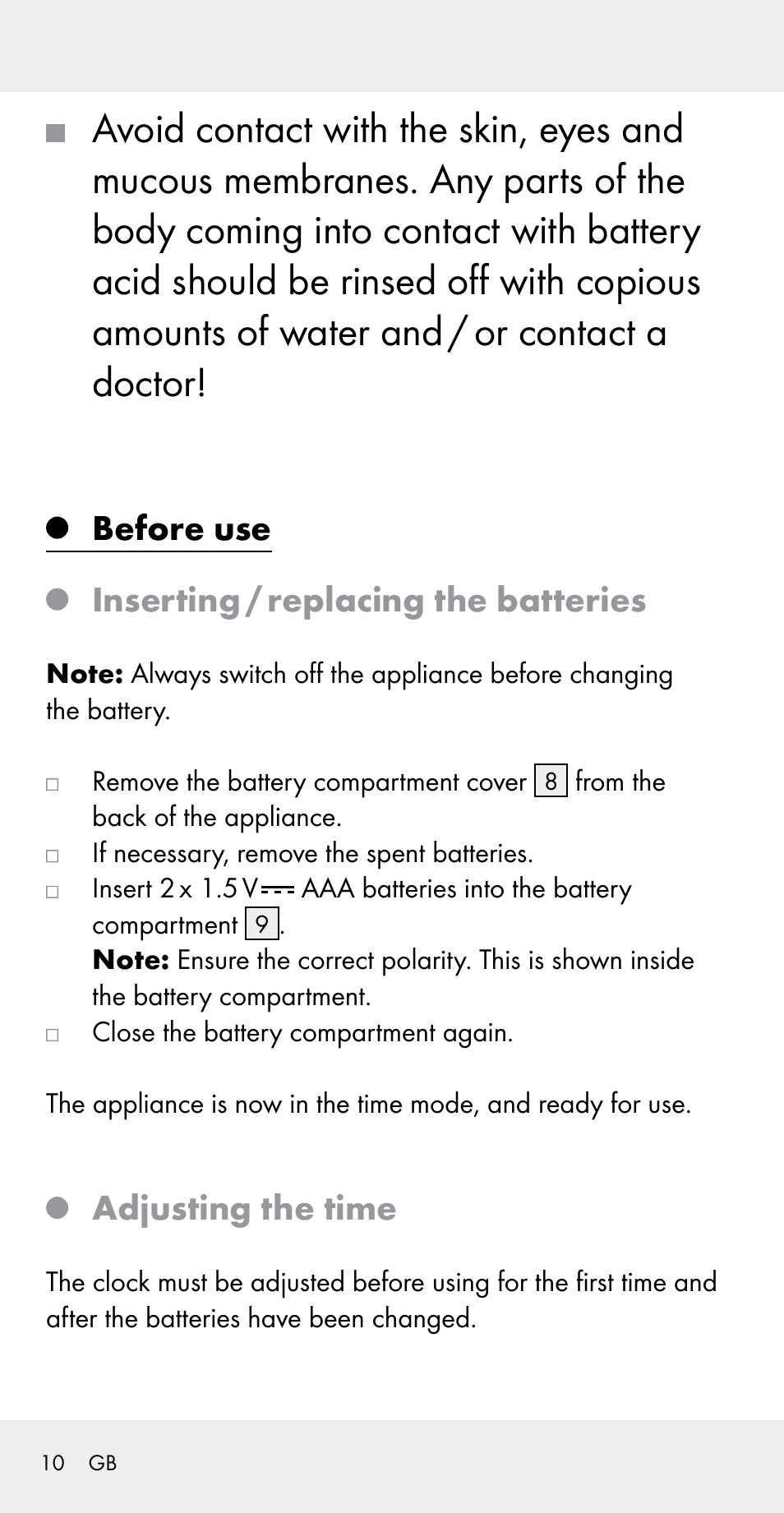 Before use inserting / replacing the batteries, Adjusting the time | Silvercrest Z31183 User Manual | Page 10 / 105