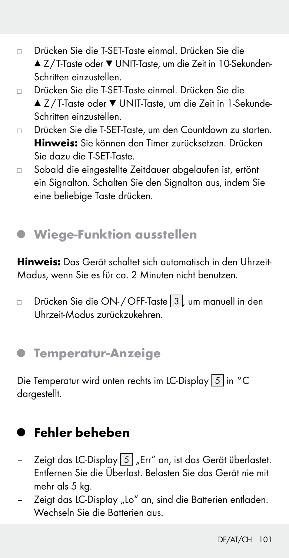 Wiege-funktion ausstellen, Temperatur-anzeige, Fehler beheben | Silvercrest Z31183 User Manual | Page 101 / 105