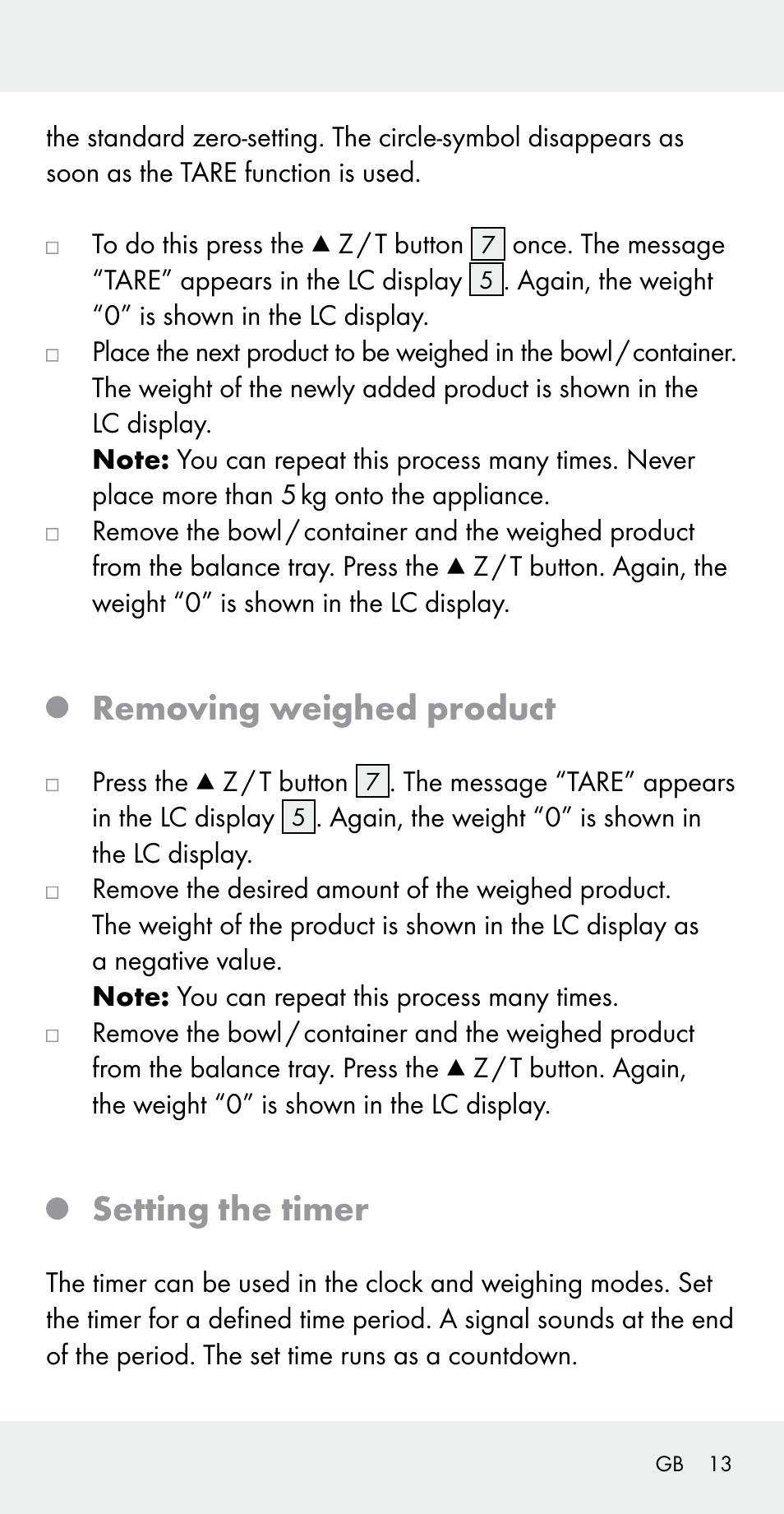 Removing weighed product, Setting the timer | Silvercrest Z31183 User Manual | Page 13 / 105