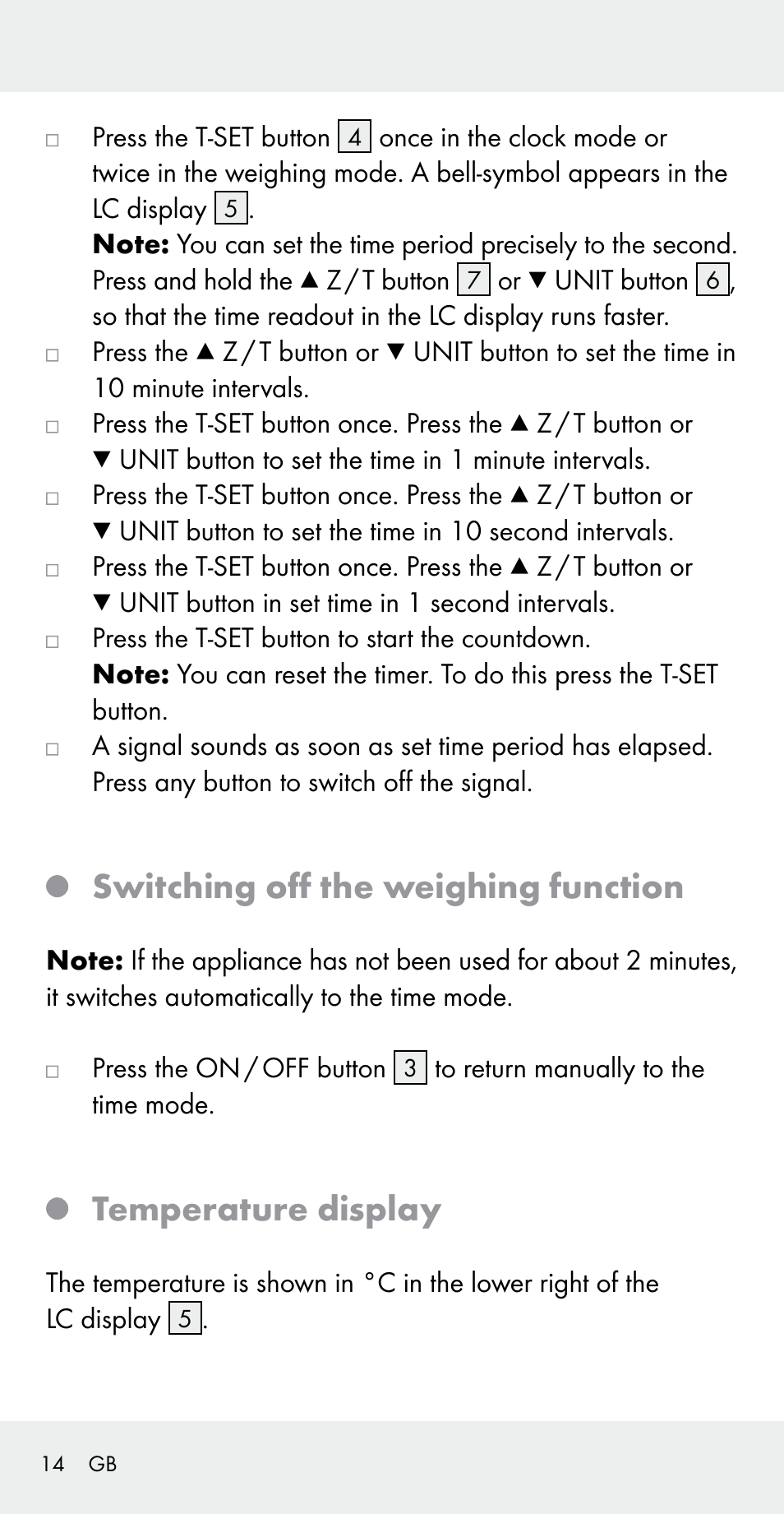 Switching off the weighing function, Temperature display | Silvercrest Z31183 User Manual | Page 14 / 105
