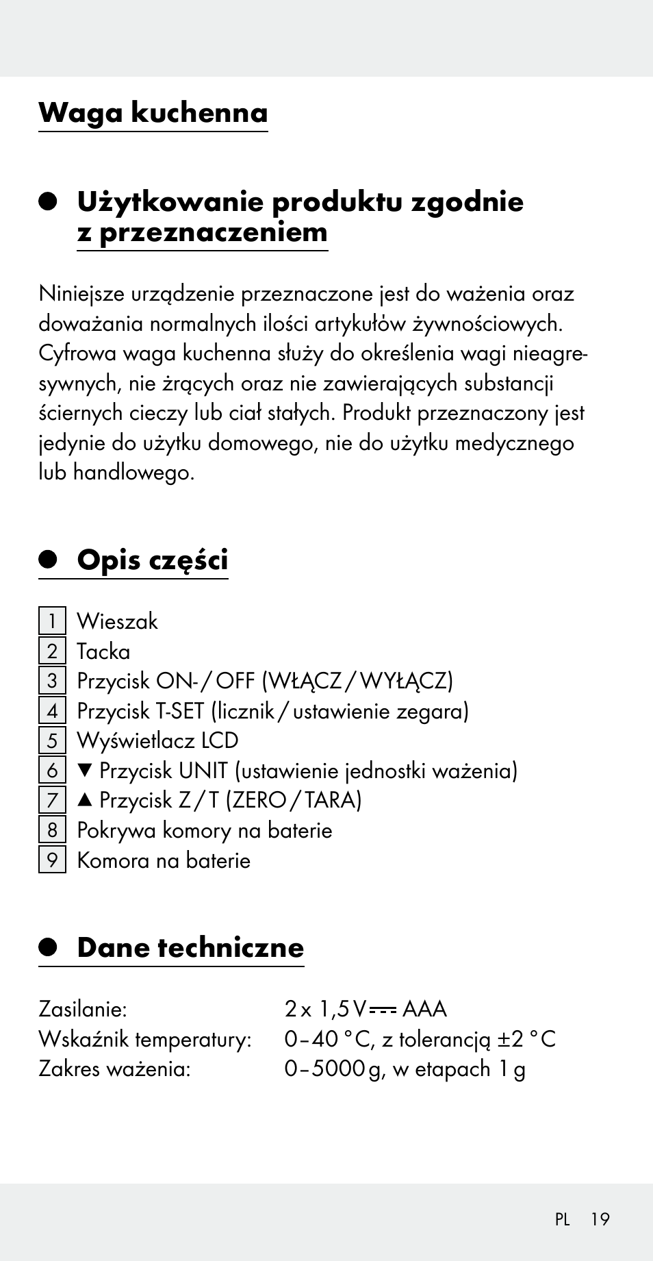 Opis części, Dane techniczne | Silvercrest Z31183 User Manual | Page 19 / 105
