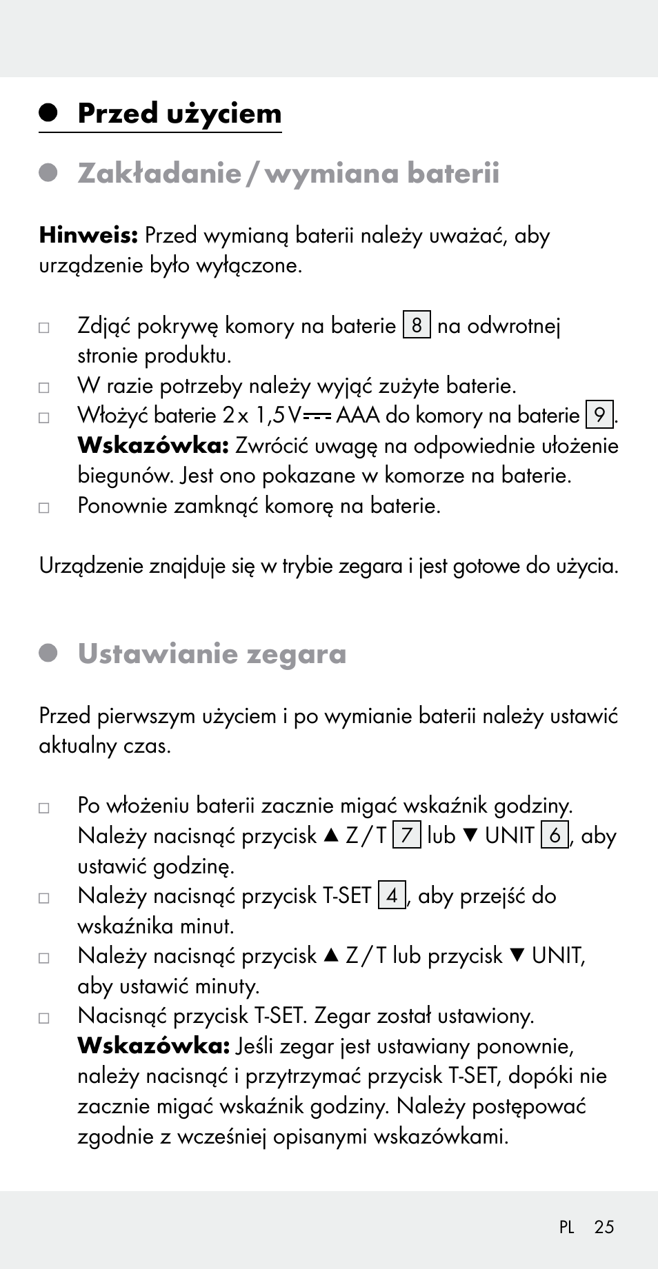 Przed użyciem zakładanie / wymiana baterii, Ustawianie zegara | Silvercrest Z31183 User Manual | Page 25 / 105