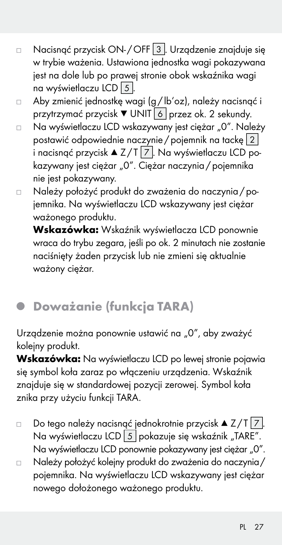 Doważanie (funkcja tara) | Silvercrest Z31183 User Manual | Page 27 / 105