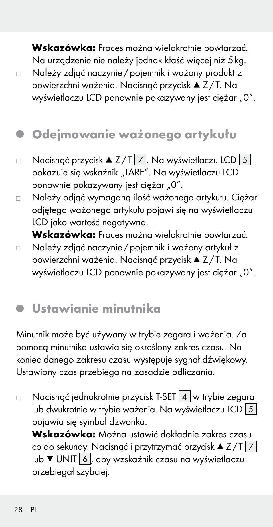 Odejmowanie ważonego artykułu, Ustawianie minutnika | Silvercrest Z31183 User Manual | Page 28 / 105