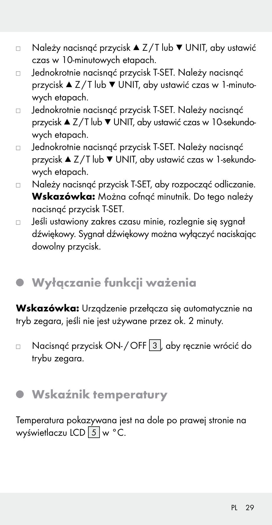 Wyłączanie funkcji ważenia, Wskaźnik temperatury | Silvercrest Z31183 User Manual | Page 29 / 105