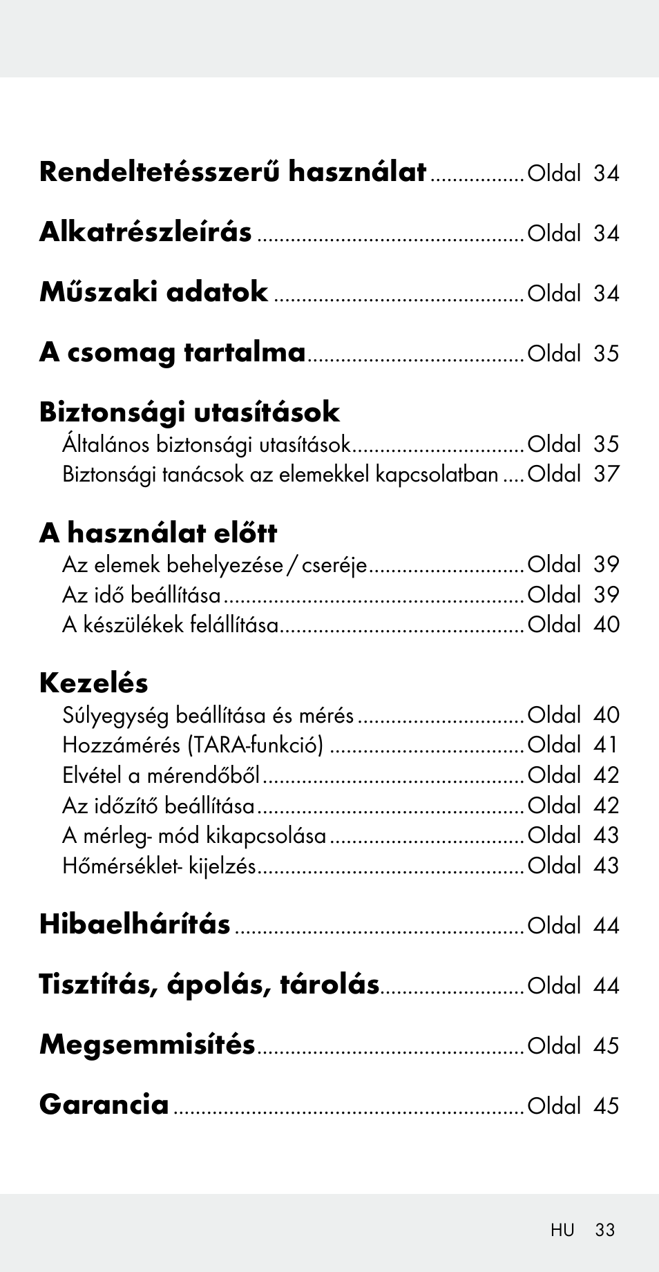 Rendeltetésszerű használat, Alkatrészleírás, Műszaki adatok | A csomag tartalma, Biztonsági utasítások, A használat előtt, Kezelés, Hibaelhárítás, Tisztítás, ápolás, tárolás, Megsemmisítés | Silvercrest Z31183 User Manual | Page 33 / 105