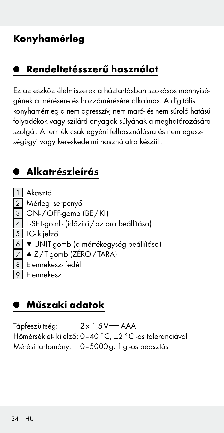 Konyhamérleg rendeltetésszerű használat, Alkatrészleírás, Műszaki adatok | Silvercrest Z31183 User Manual | Page 34 / 105