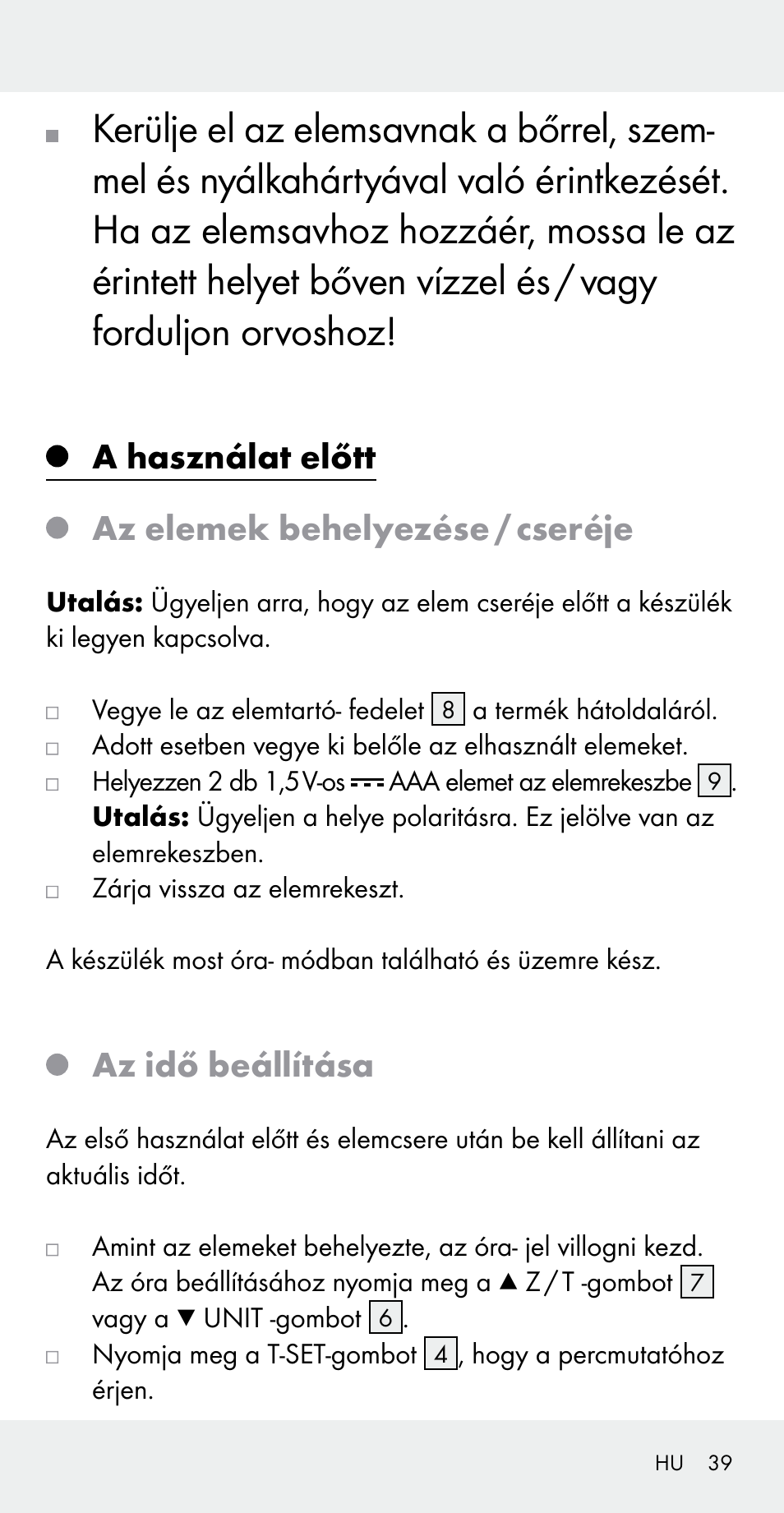 A használat előtt az elemek behelyezése / cseréje, Az idő beállítása | Silvercrest Z31183 User Manual | Page 39 / 105