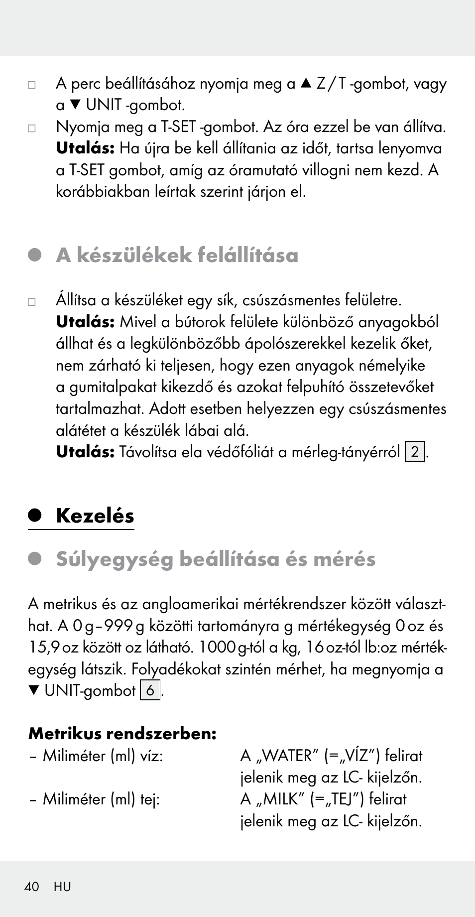 A készülékek felállítása, Kezelés súlyegység beállítása és mérés | Silvercrest Z31183 User Manual | Page 40 / 105