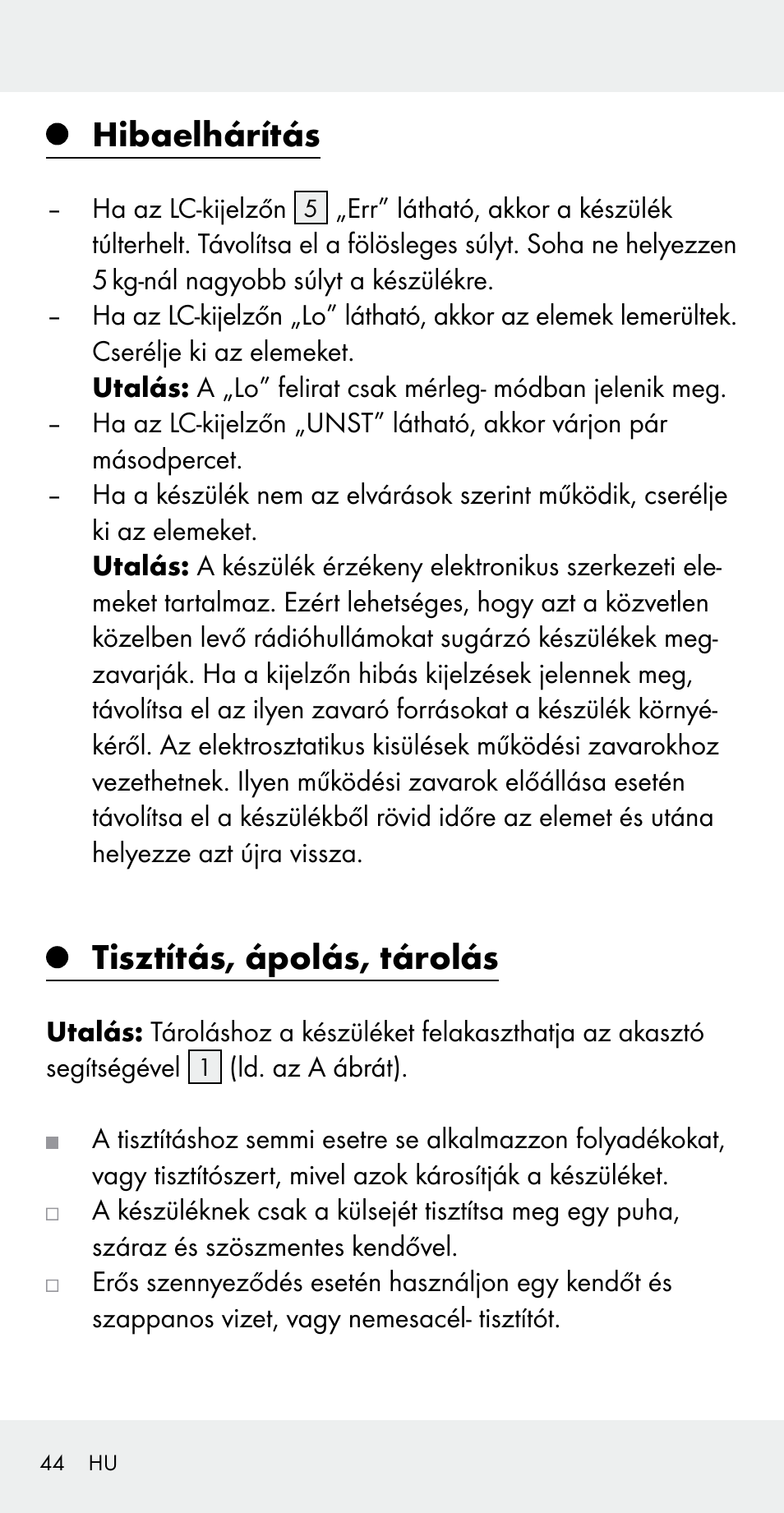 Hibaelhárítás, Tisztítás, ápolás, tárolás | Silvercrest Z31183 User Manual | Page 44 / 105
