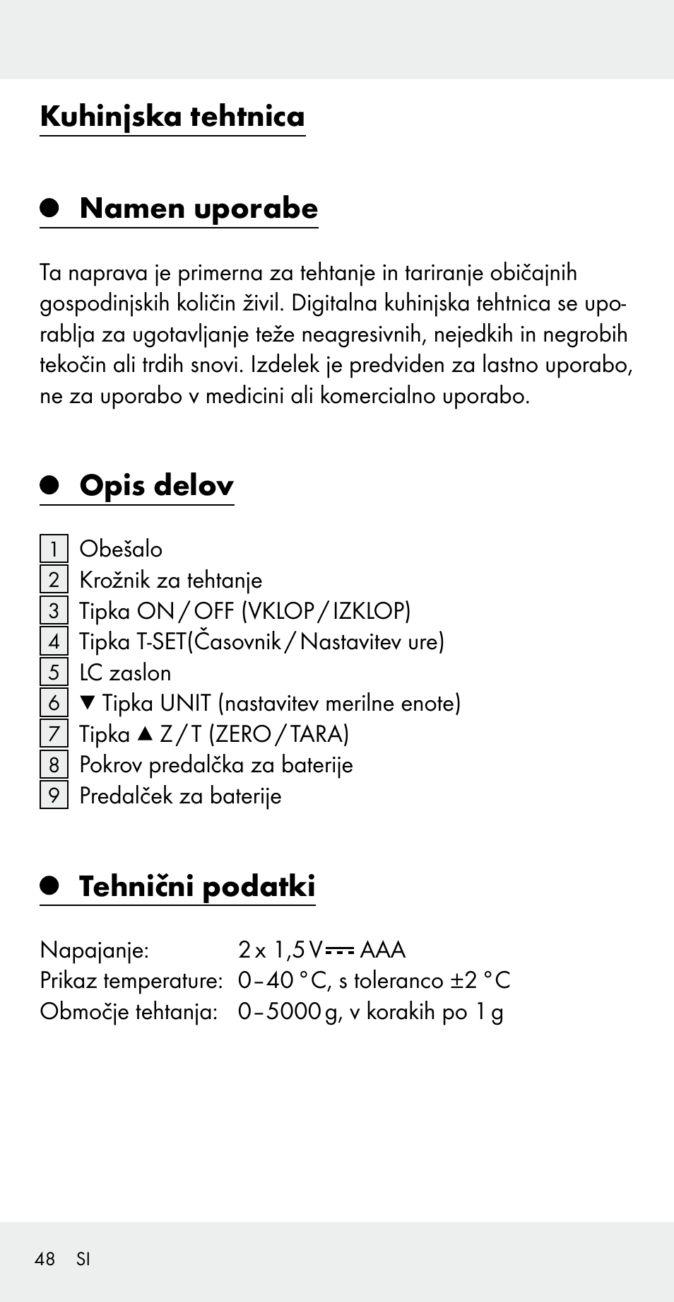 Kuhinjska tehtnica namen uporabe, Opis delov, Tehnični podatki | Silvercrest Z31183 User Manual | Page 48 / 105