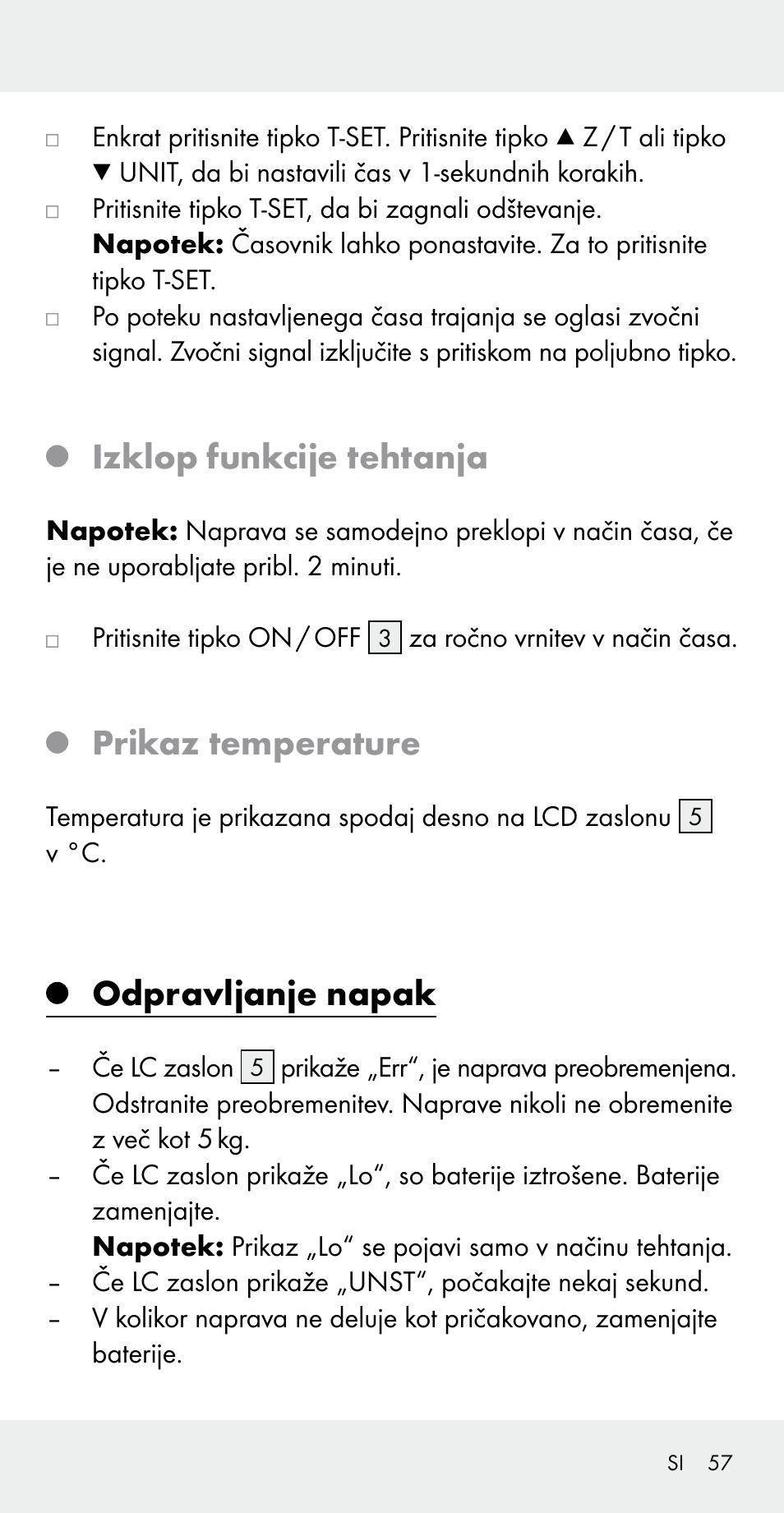 Izklop funkcije tehtanja, Prikaz temperature, Odpravljanje napak | Silvercrest Z31183 User Manual | Page 57 / 105