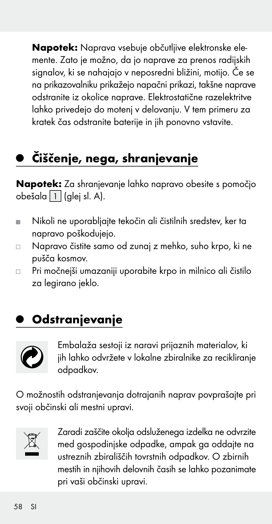 Čiščenje, nega, shranjevanje, Odstranjevanje | Silvercrest Z31183 User Manual | Page 58 / 105
