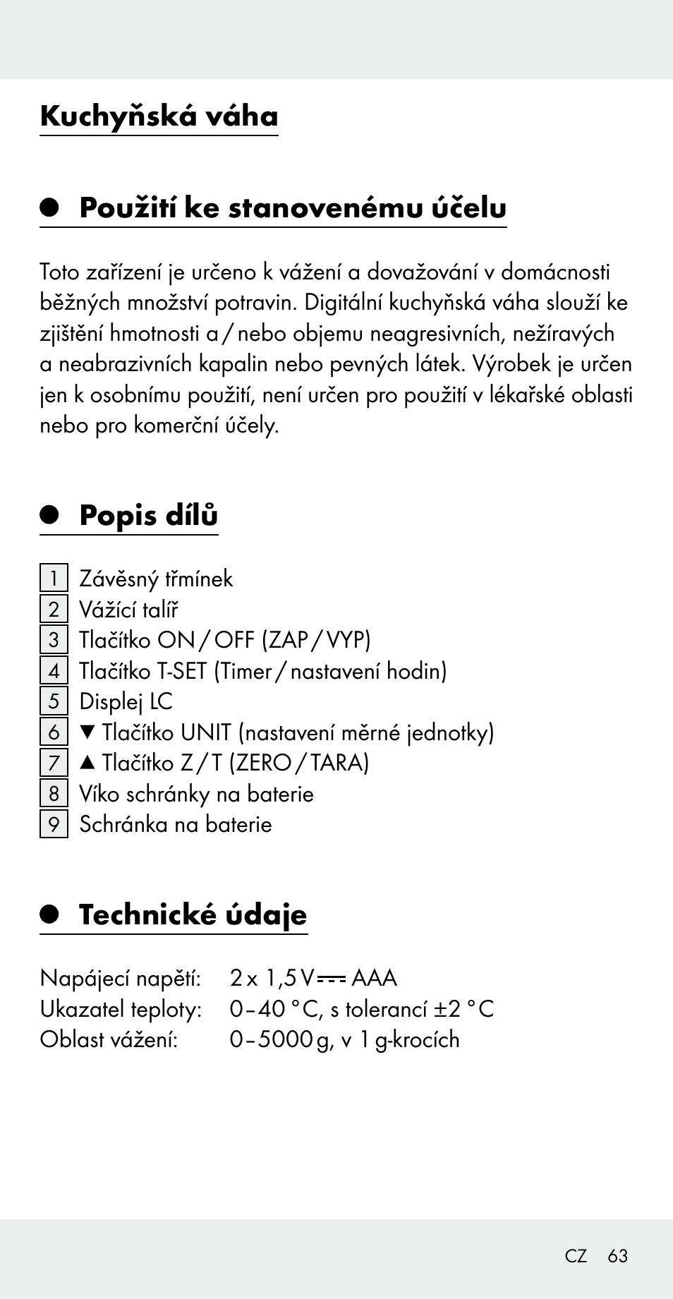 Kuchyňská váha použití ke stanovenému účelu, Popis dílů, Technické údaje | Silvercrest Z31183 User Manual | Page 63 / 105