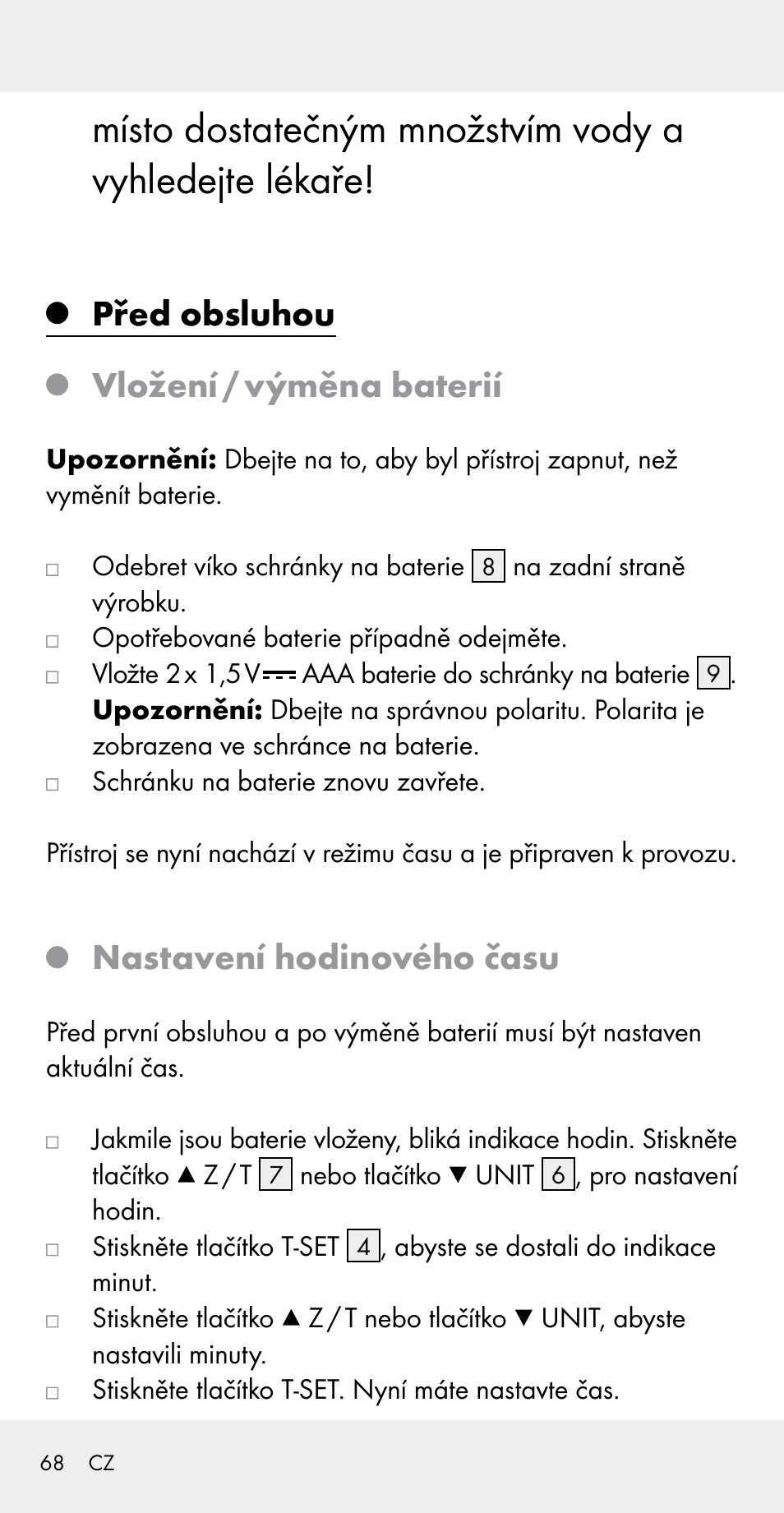 Před obsluhou vložení / výměna baterií, Nastavení hodinového času | Silvercrest Z31183 User Manual | Page 68 / 105