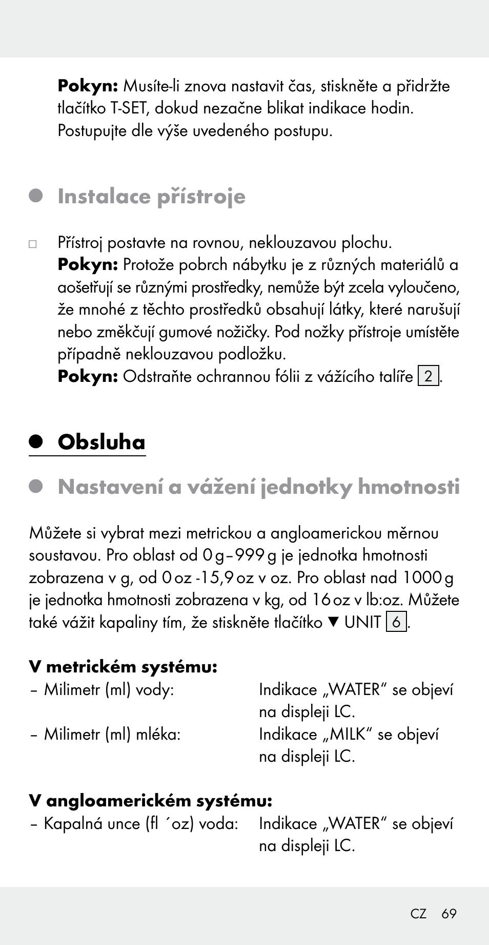 Instalace přístroje, Obsluha nastavení a vážení jednotky hmotnosti | Silvercrest Z31183 User Manual | Page 69 / 105