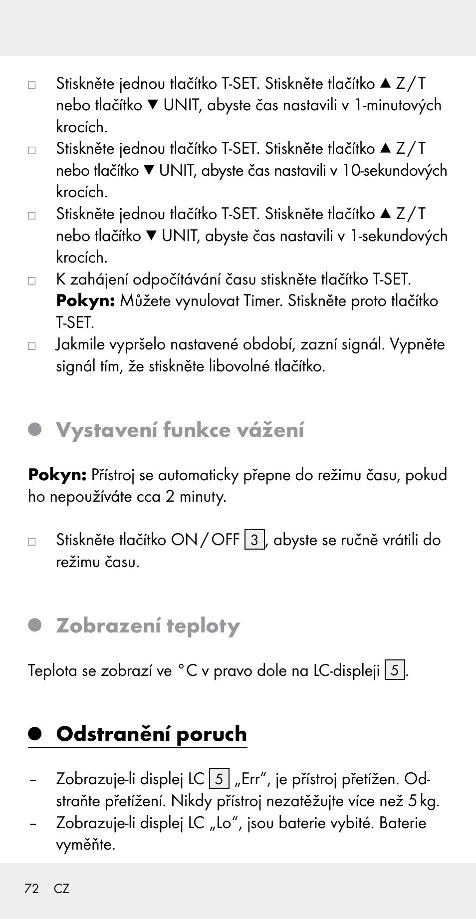 Vystavení funkce vážení, Zobrazení teploty, Odstranění poruch | Silvercrest Z31183 User Manual | Page 72 / 105