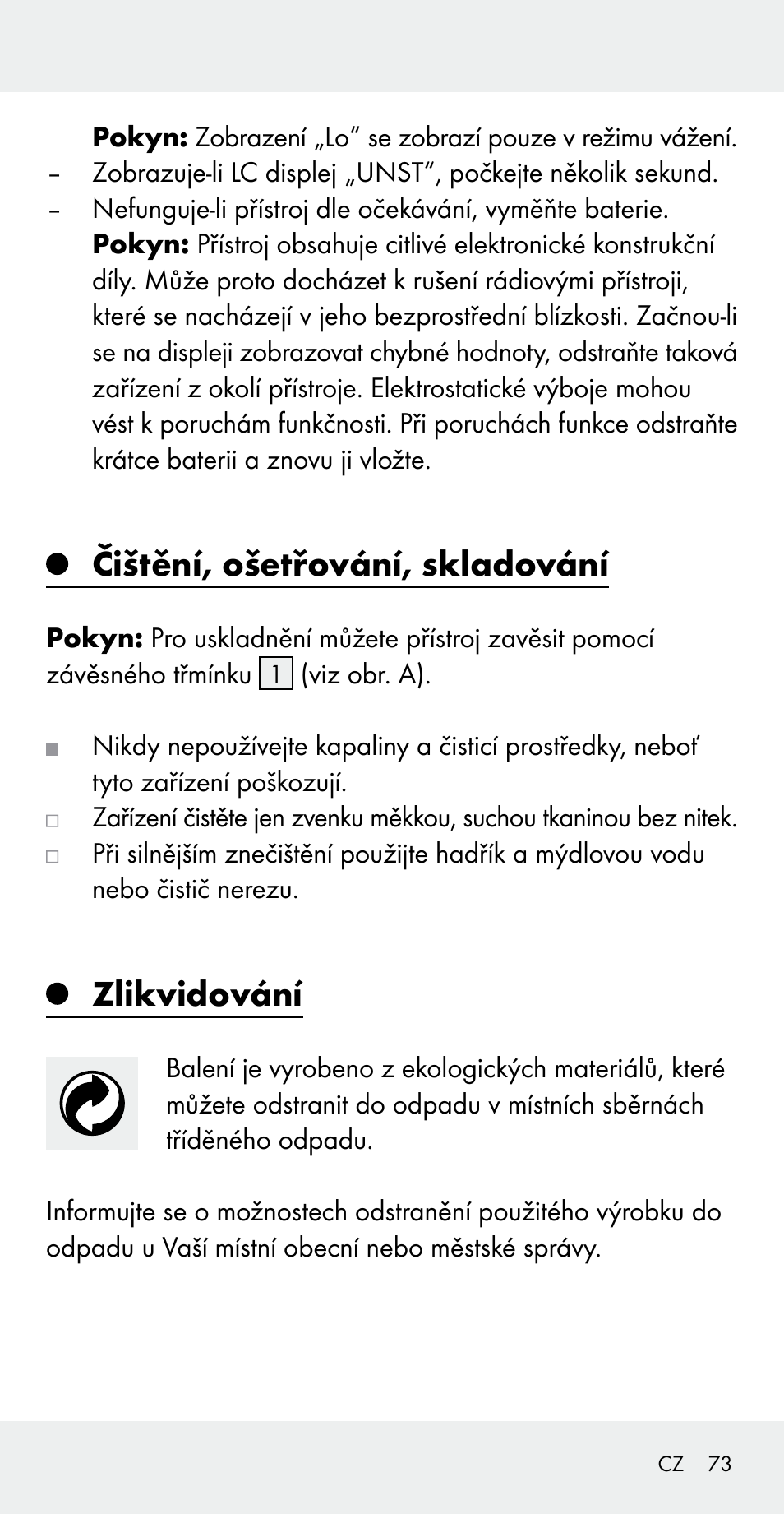 Čištění, ošetřování, skladování, Zlikvidování | Silvercrest Z31183 User Manual | Page 73 / 105