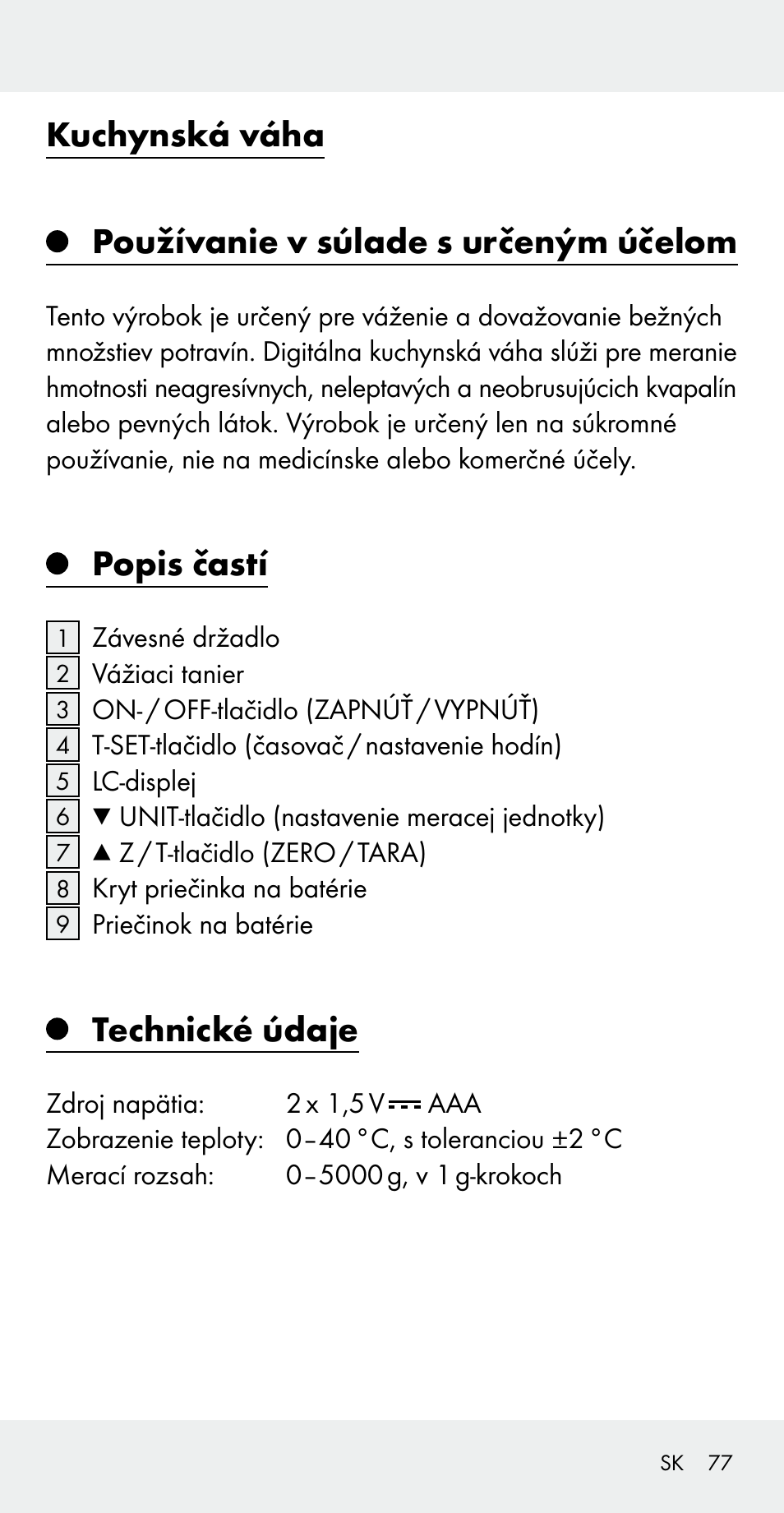 Popis častí, Technické údaje | Silvercrest Z31183 User Manual | Page 77 / 105
