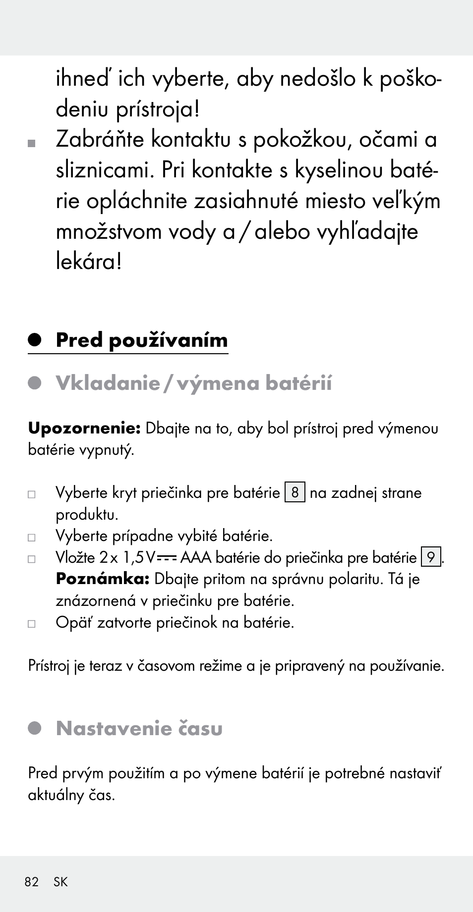 Pred používaním vkladanie / výmena batérií, Nastavenie času | Silvercrest Z31183 User Manual | Page 82 / 105
