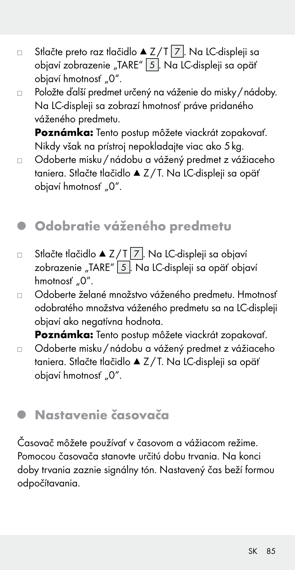 Odobratie váženého predmetu, Nastavenie časovača | Silvercrest Z31183 User Manual | Page 85 / 105