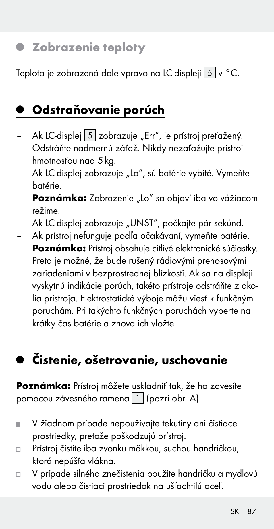 Zobrazenie teploty, Odstraňovanie porúch, Čistenie, ošetrovanie, uschovanie | Silvercrest Z31183 User Manual | Page 87 / 105