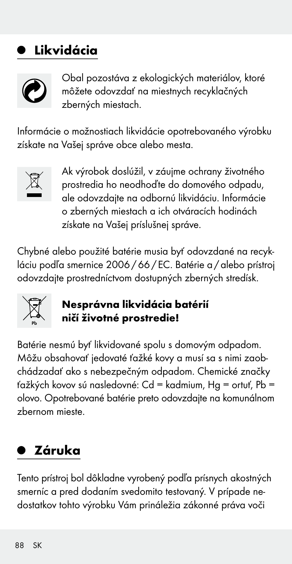 Likvidácia, Záruka | Silvercrest Z31183 User Manual | Page 88 / 105