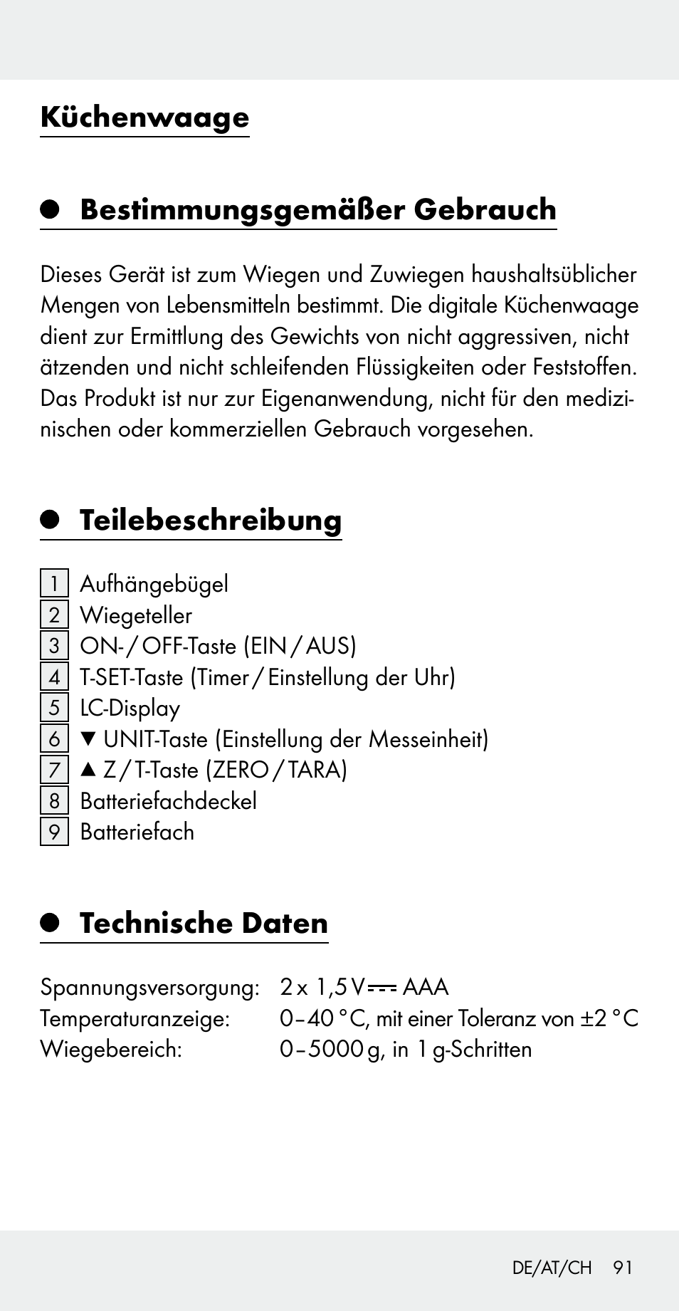 Küchenwaage bestimmungsgemäßer gebrauch, Teilebeschreibung, Technische daten | Silvercrest Z31183 User Manual | Page 91 / 105
