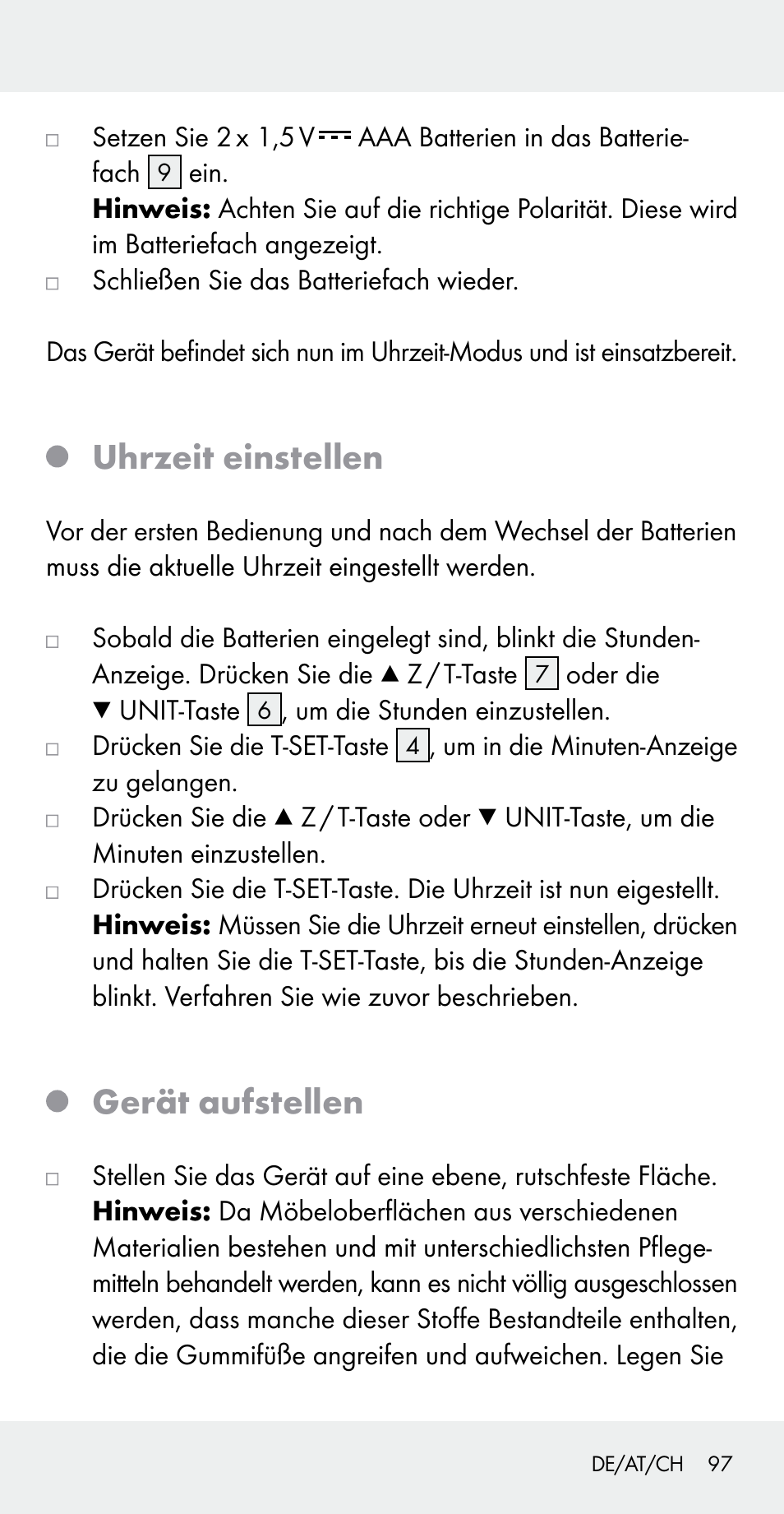 Uhrzeit einstellen, Gerät aufstellen | Silvercrest Z31183 User Manual | Page 97 / 105