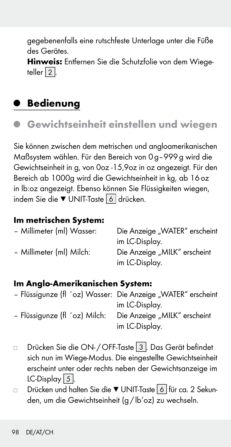 Bedienung gewichtseinheit einstellen und wiegen | Silvercrest Z31183 User Manual | Page 98 / 105