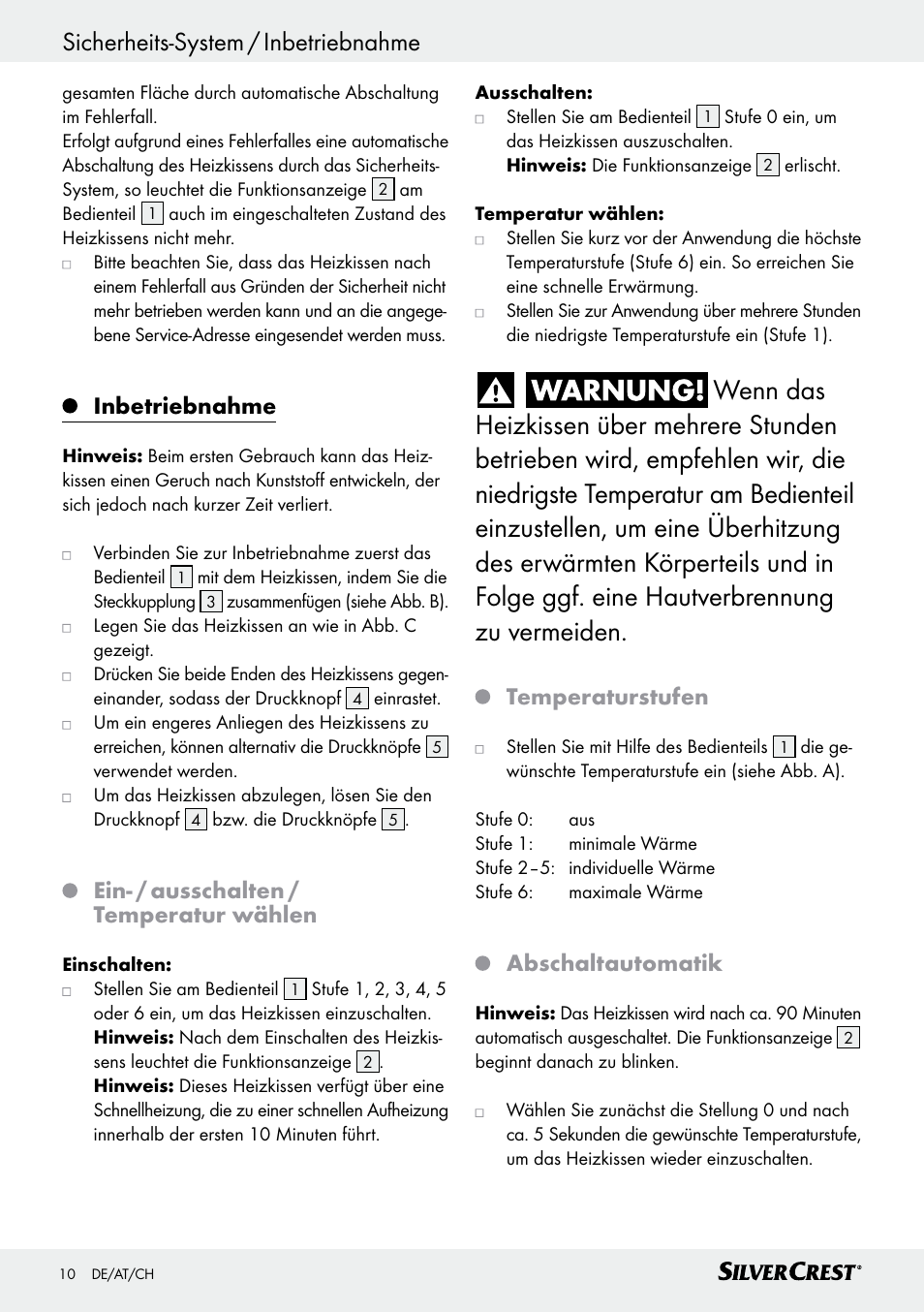 Inbetriebnahme, Ein- / ausschalten / temperatur wählen, Temperaturstufen | Abschaltautomatik | Silvercrest SSHK 100 B2 User Manual | Page 10 / 47