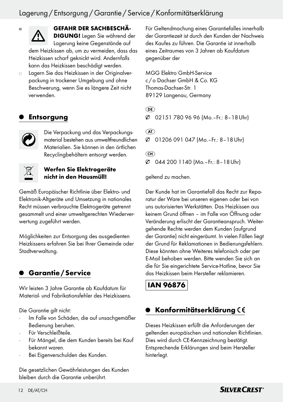 Entsorgung, Garantie / service | Silvercrest SSHK 100 B2 User Manual | Page 12 / 47