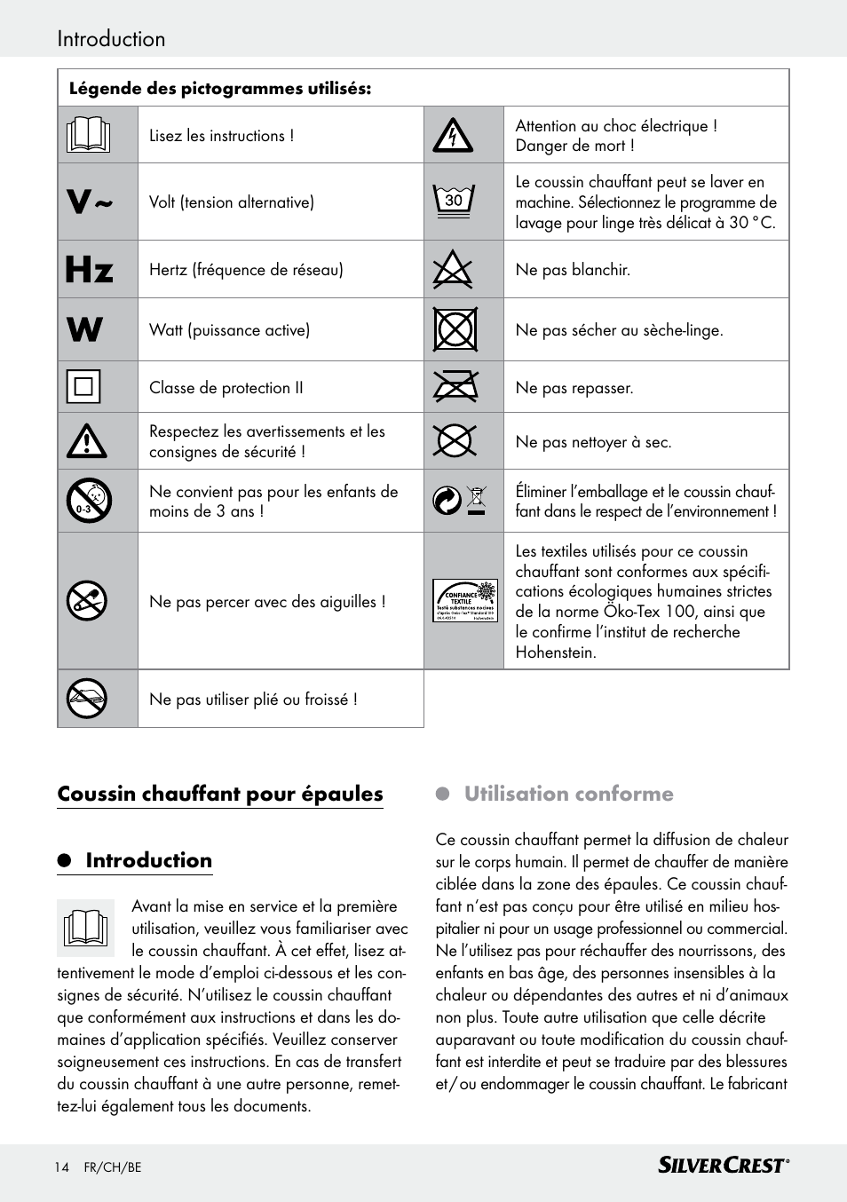 Coussin chauffant pour épaules introduction, Utilisation conforme | Silvercrest SSHK 100 B2 User Manual | Page 14 / 47
