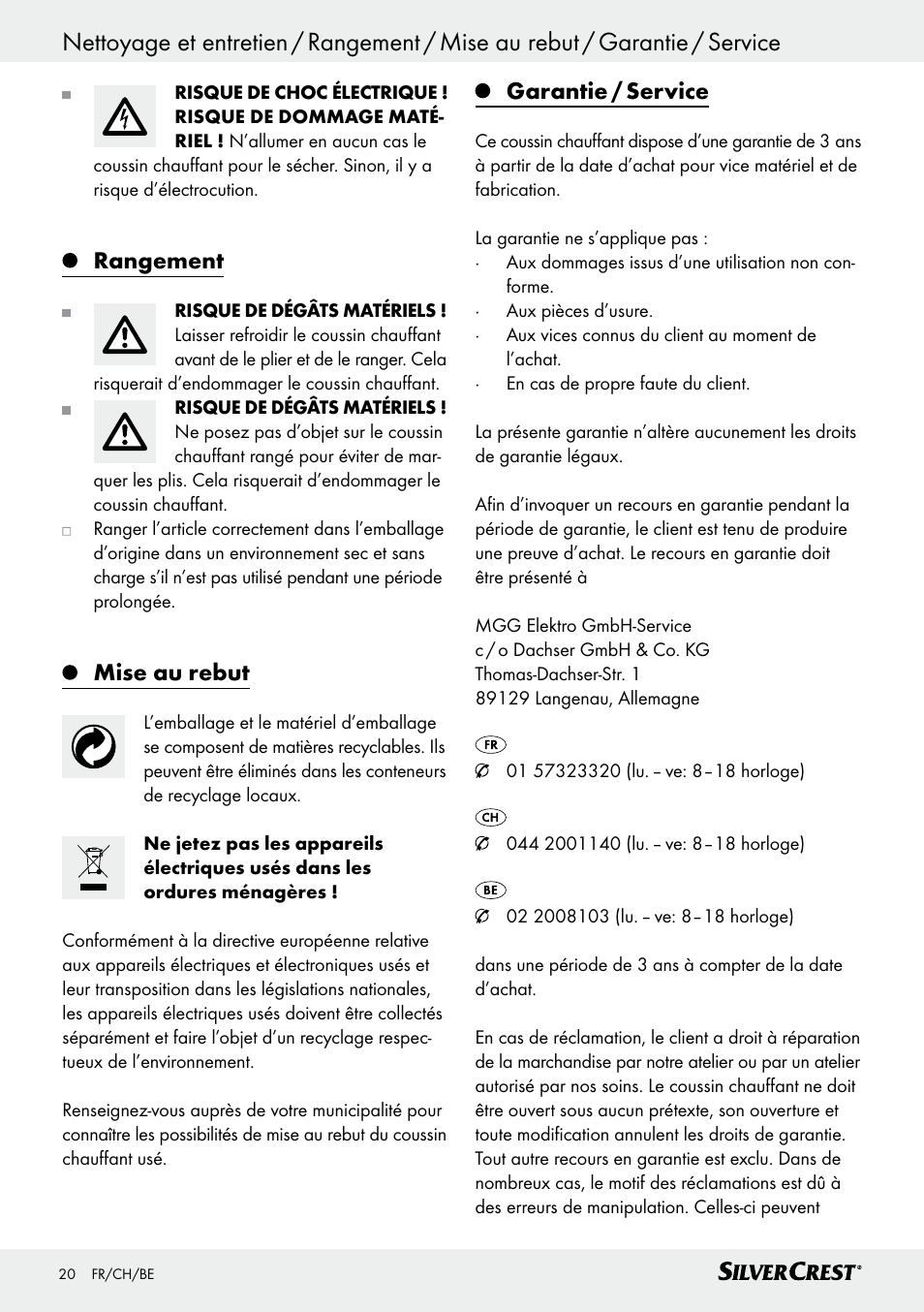 Rangement, Mise au rebut, Garantie / service | Silvercrest SSHK 100 B2 User Manual | Page 20 / 47