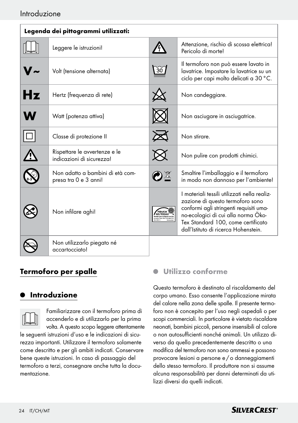 Introduzione, Introduzione / importanti indicazioni di sicurezza, Termoforo per spalle introduzione | Utilizzo conforme | Silvercrest SSHK 100 B2 User Manual | Page 24 / 47