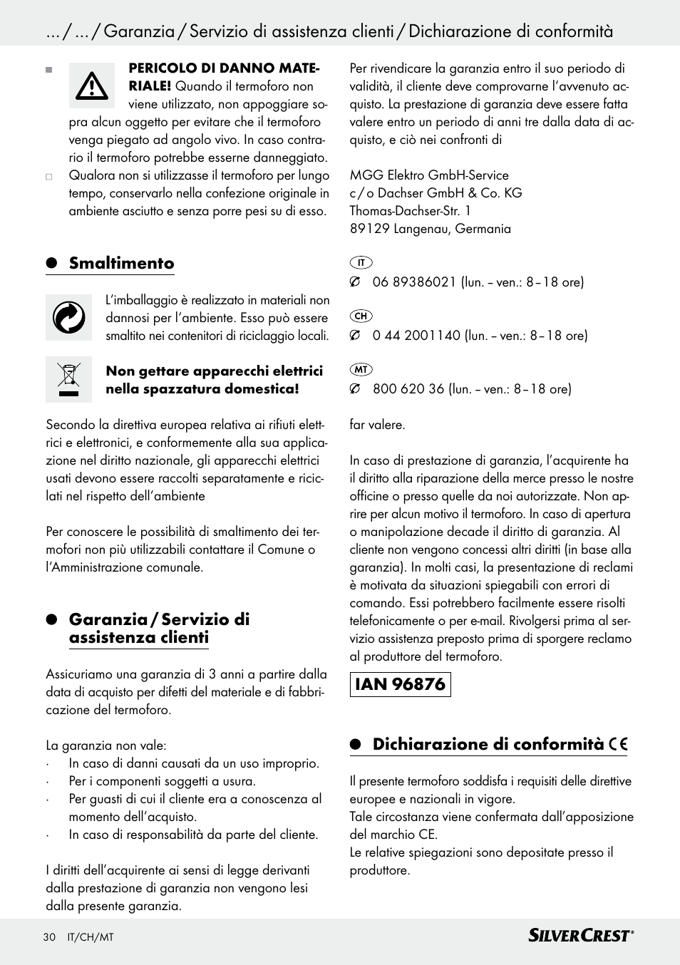 Smaltimento, Garanzia / servizio di assistenza clienti | Silvercrest SSHK 100 B2 User Manual | Page 30 / 47